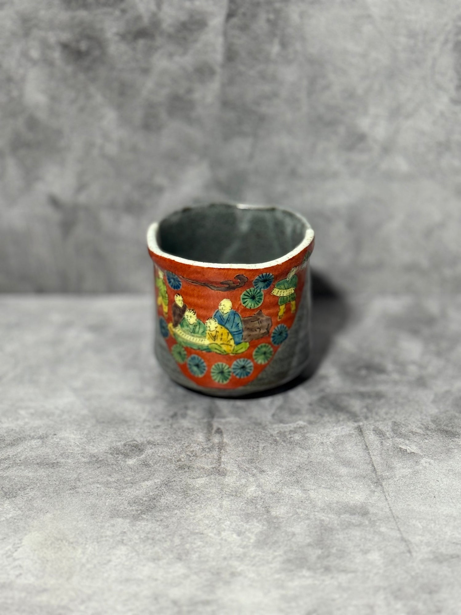 Ki Kome Red Gray Kutani-yaki Yunomi - Japanese Teacup