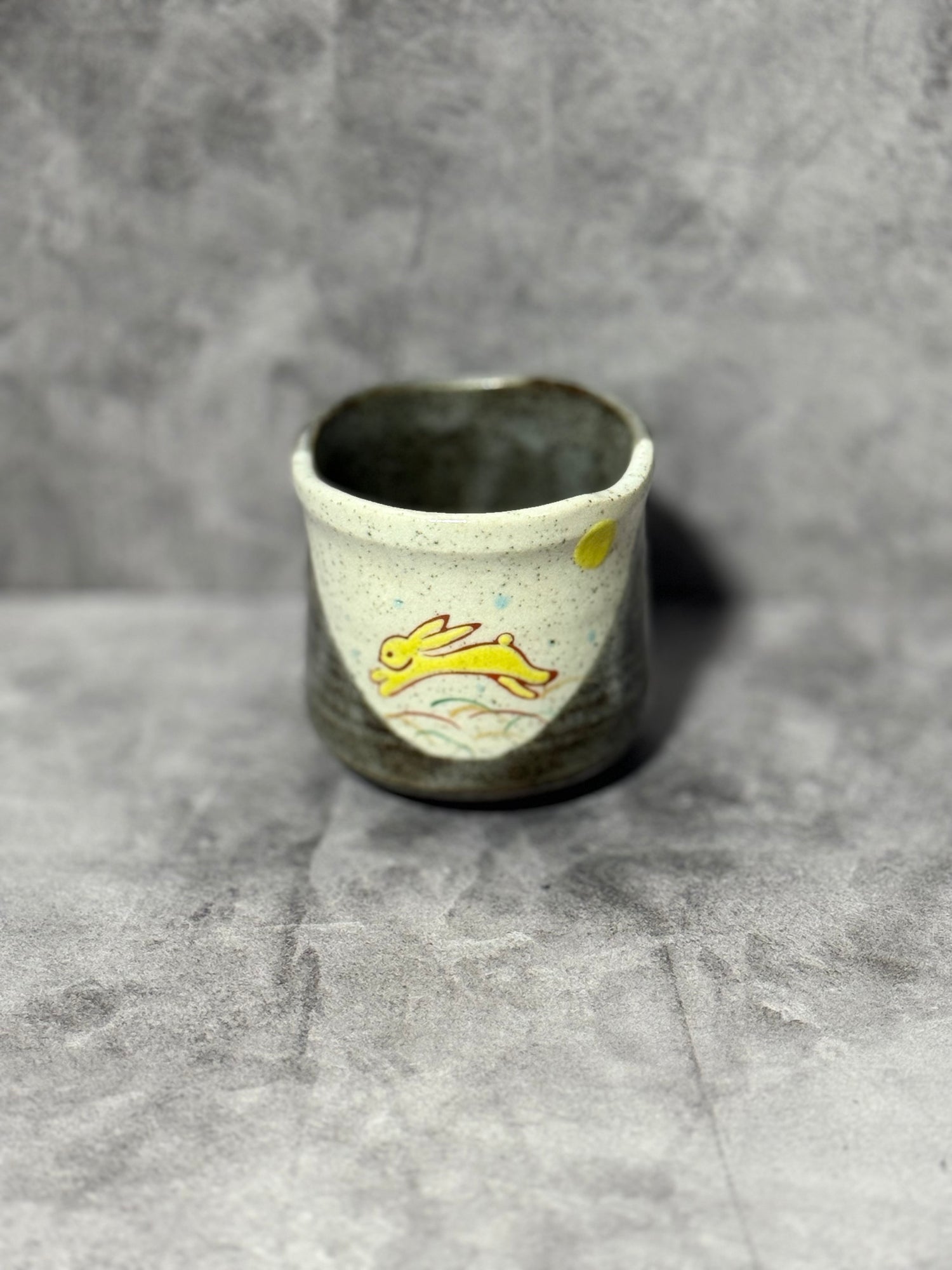 Haru Hana Usagi Rabbit Gray Kutani-yaki Yunomi - Japanese Teacup