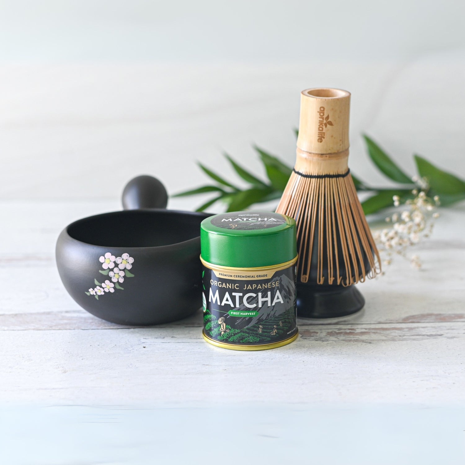 Black Flowers Ceramic Matcha Bowl with Spout