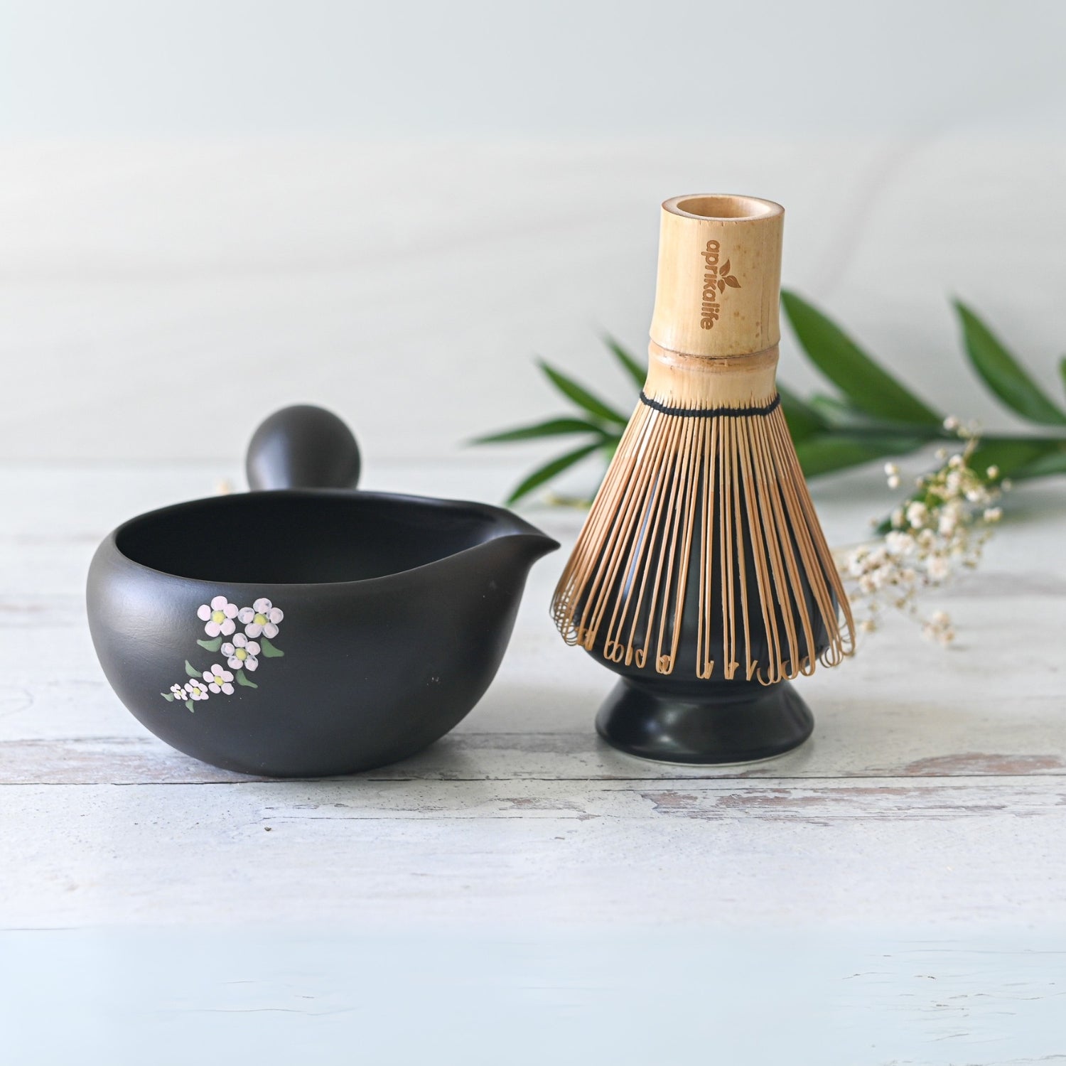Black Flowers Ceramic Matcha Bowl with Spout