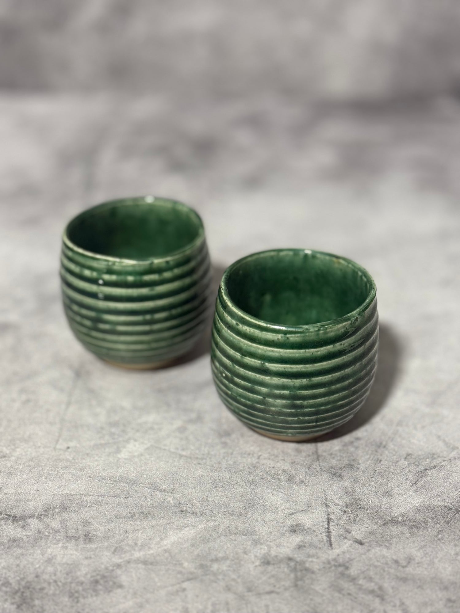 Oribe Stripe Green Mino-yaki Yunomi - Japanese Teacup