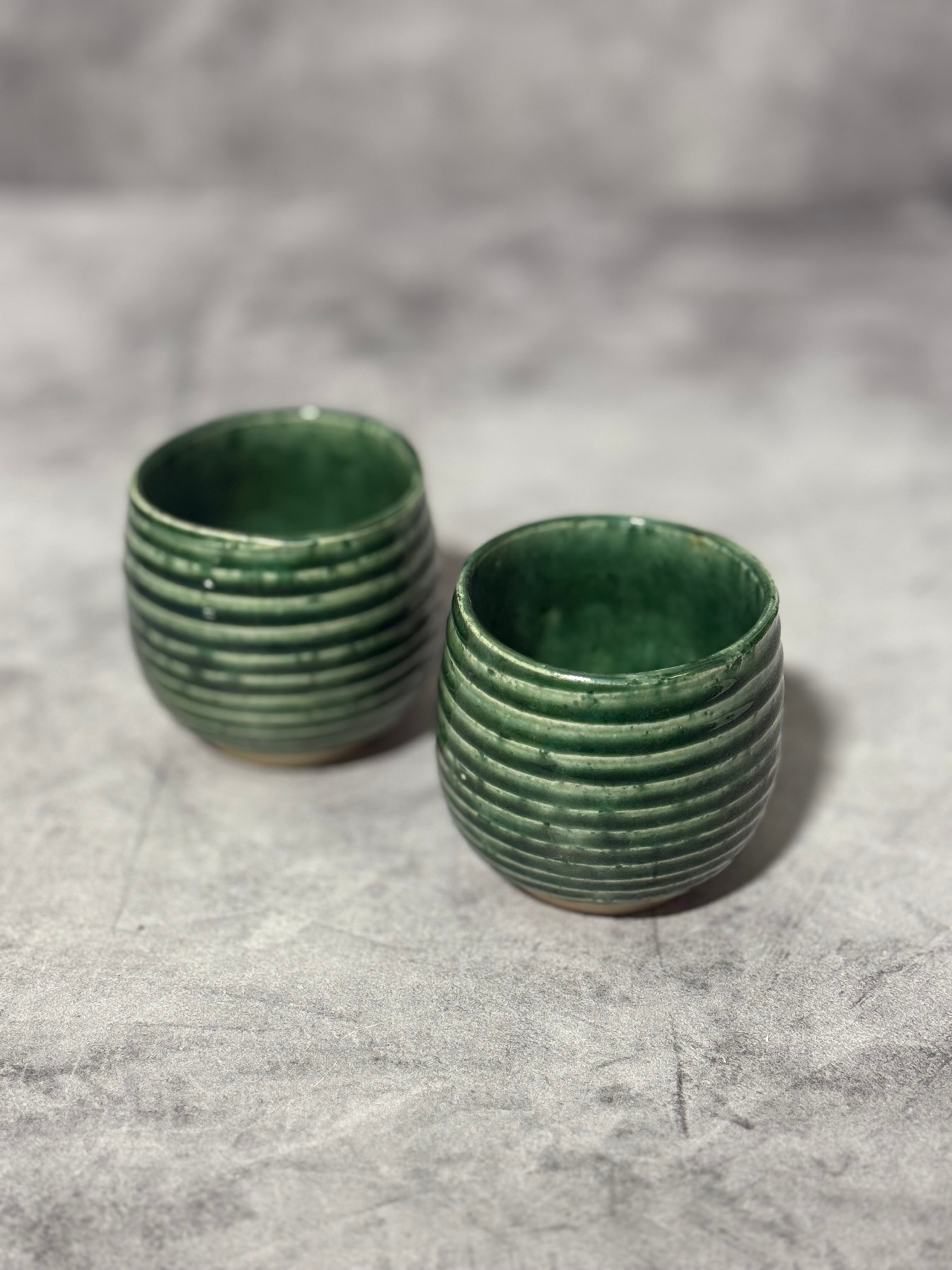 Oribe Stripe Green Mino-yaki Yunomi - Japanese Teacup