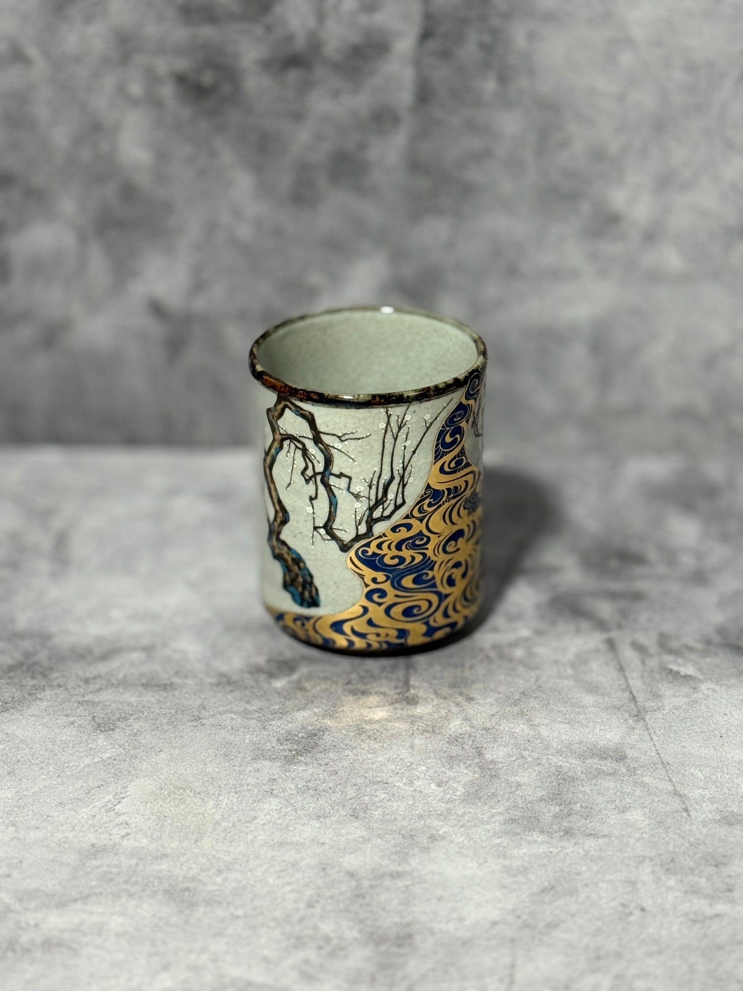 Ume Michi Gold Gray Kutani-yaki Yunomi - Japanese Teacup