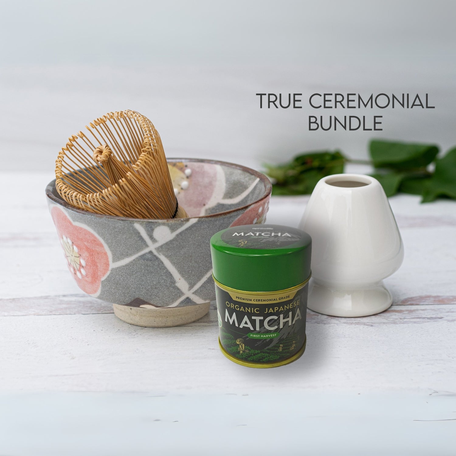 Gray with Flowers Ceramic Matcha Bowl
