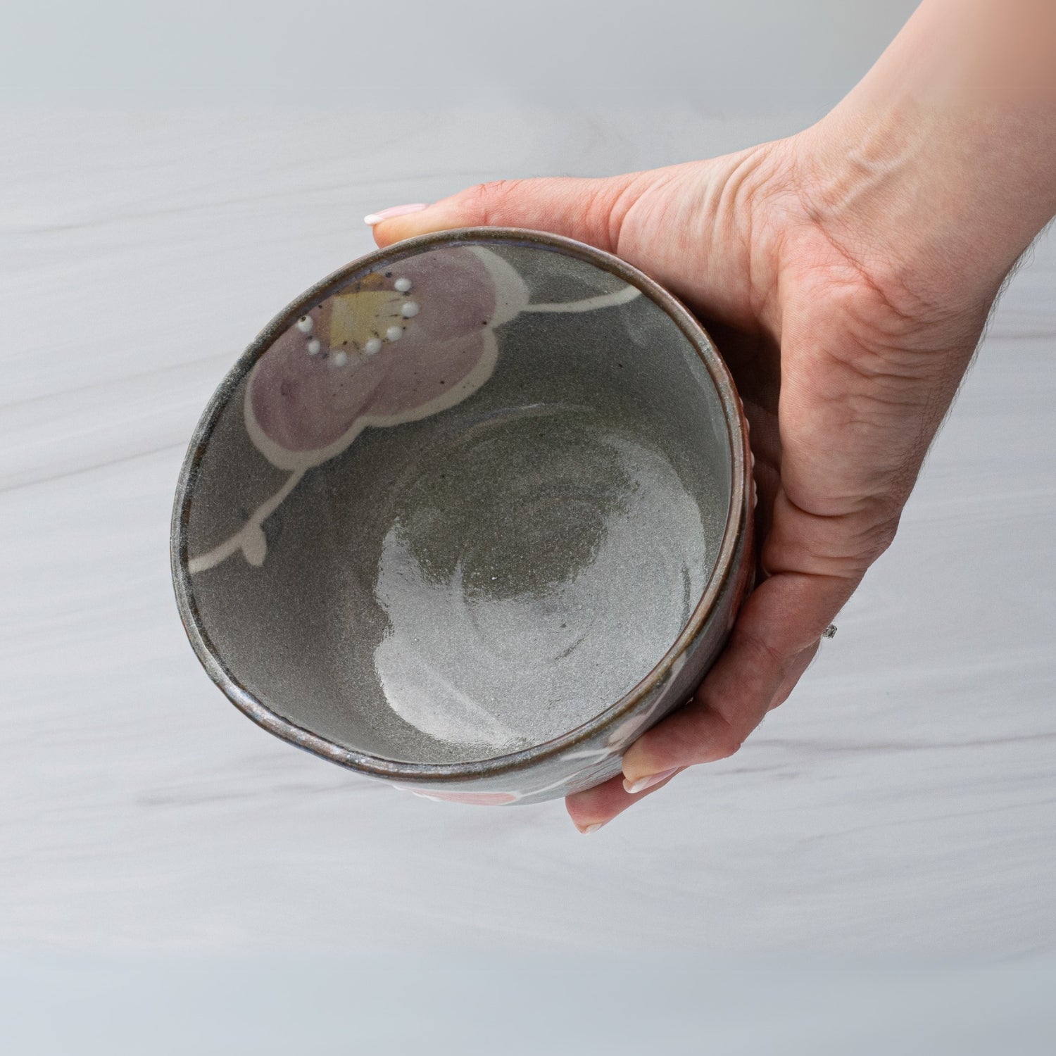 Gray with Flowers Ceramic Matcha Bowl