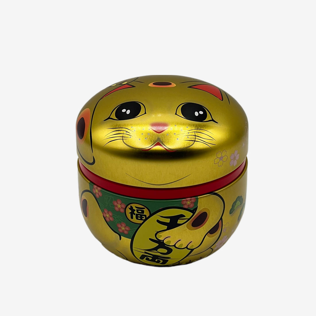 Maneki Neko Cat Gold Metal Tea Canister - Japanese Chazutsu