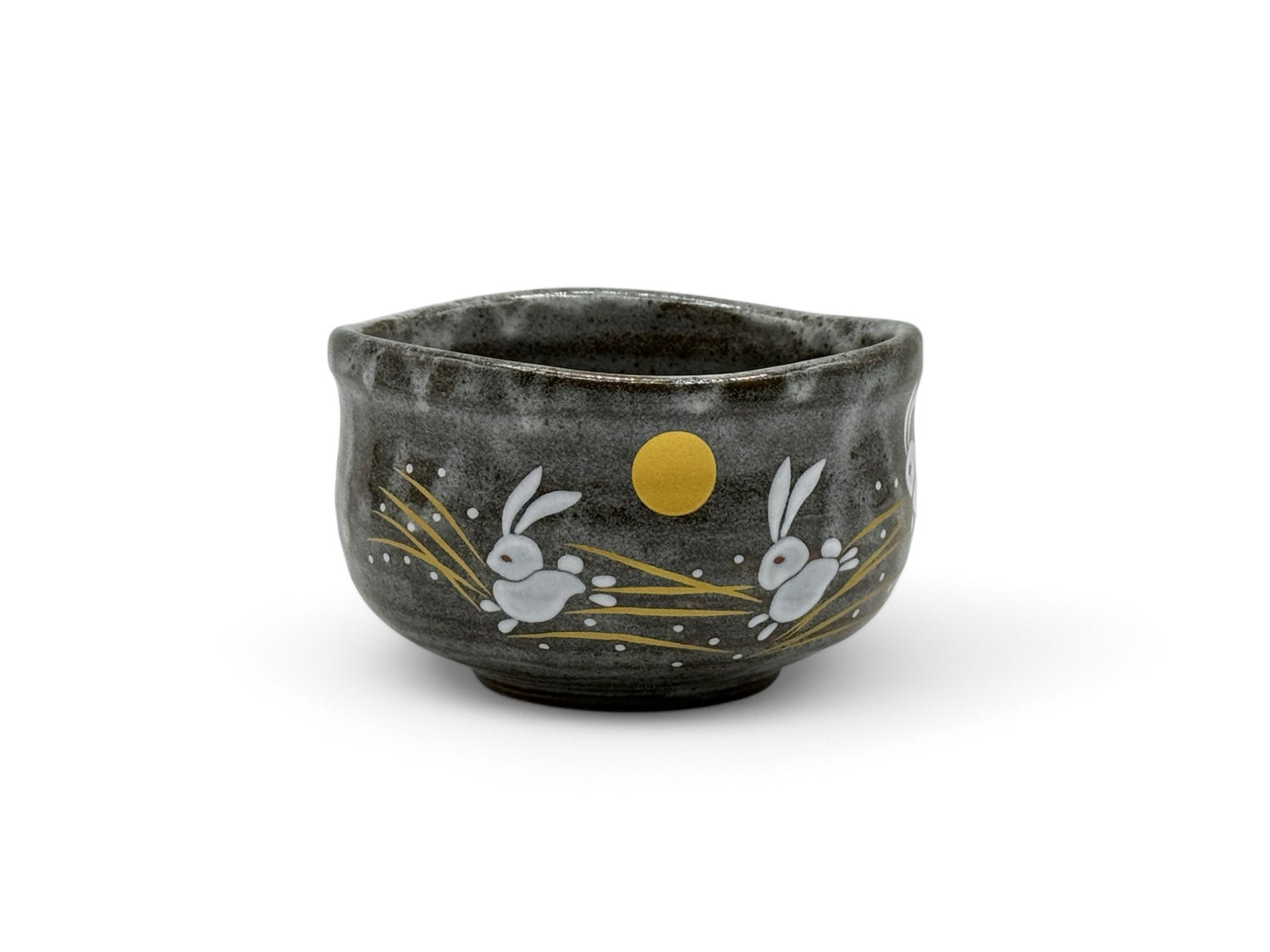 Hane Usagi Moon Rabbit Gray Kutani-yaki Chawan (Wooden Box) - Japanese Matcha Bowl