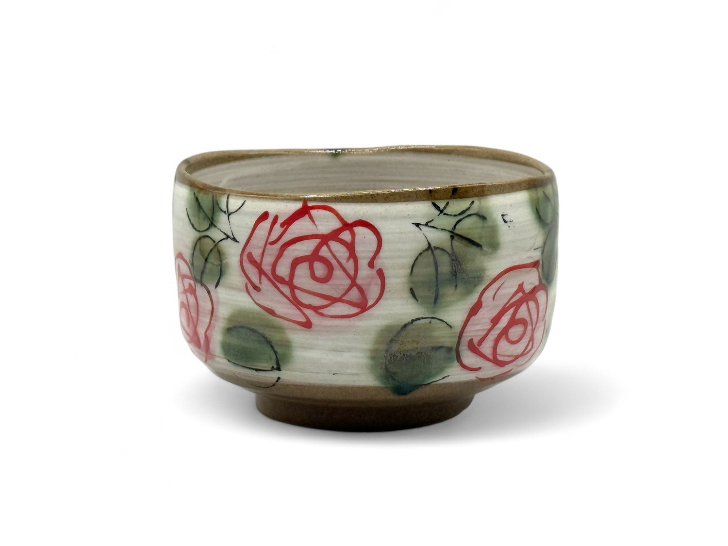 Red Rose Garden Mino-yaki Chawan - Japanese Matcha Bowl