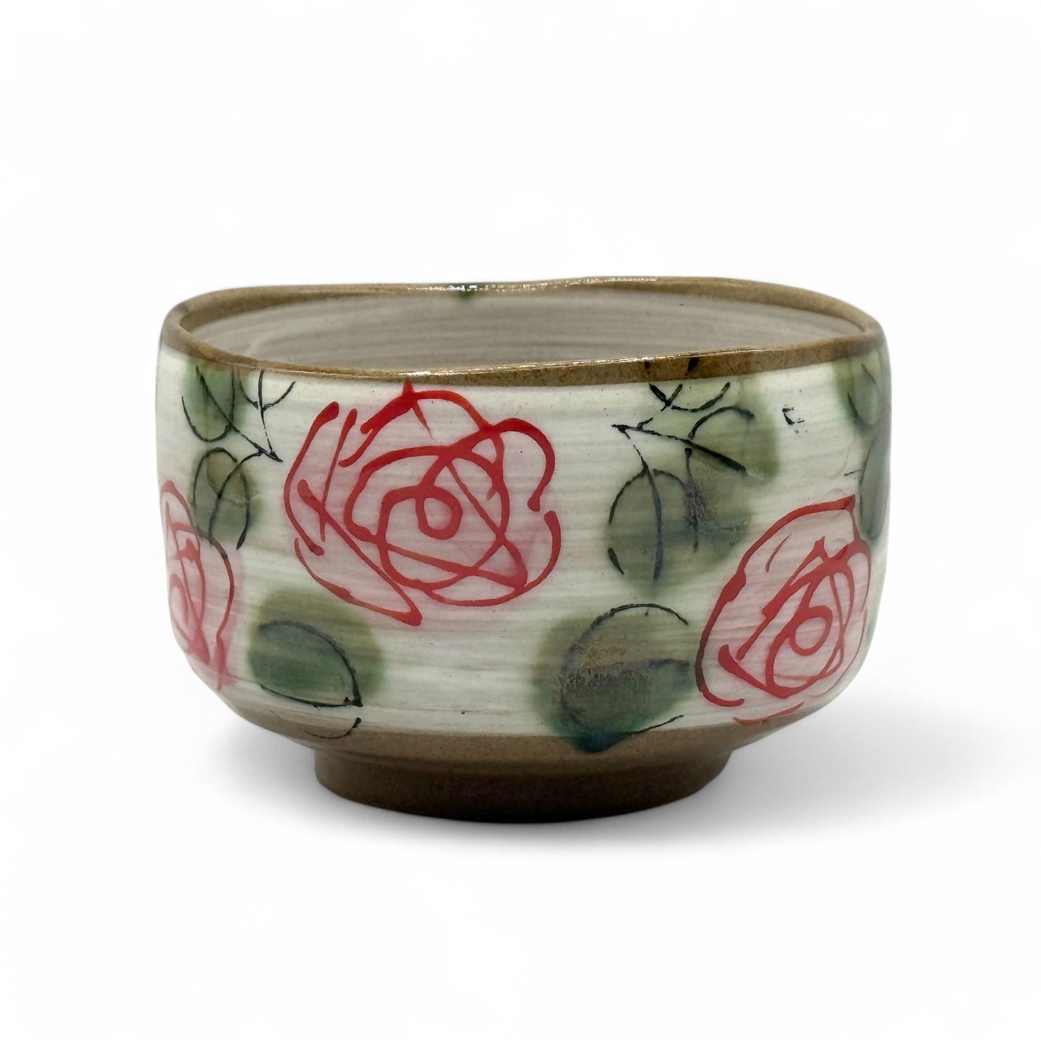 Red Rose Garden Mino-yaki Chawan - Japanese Matcha Bowl