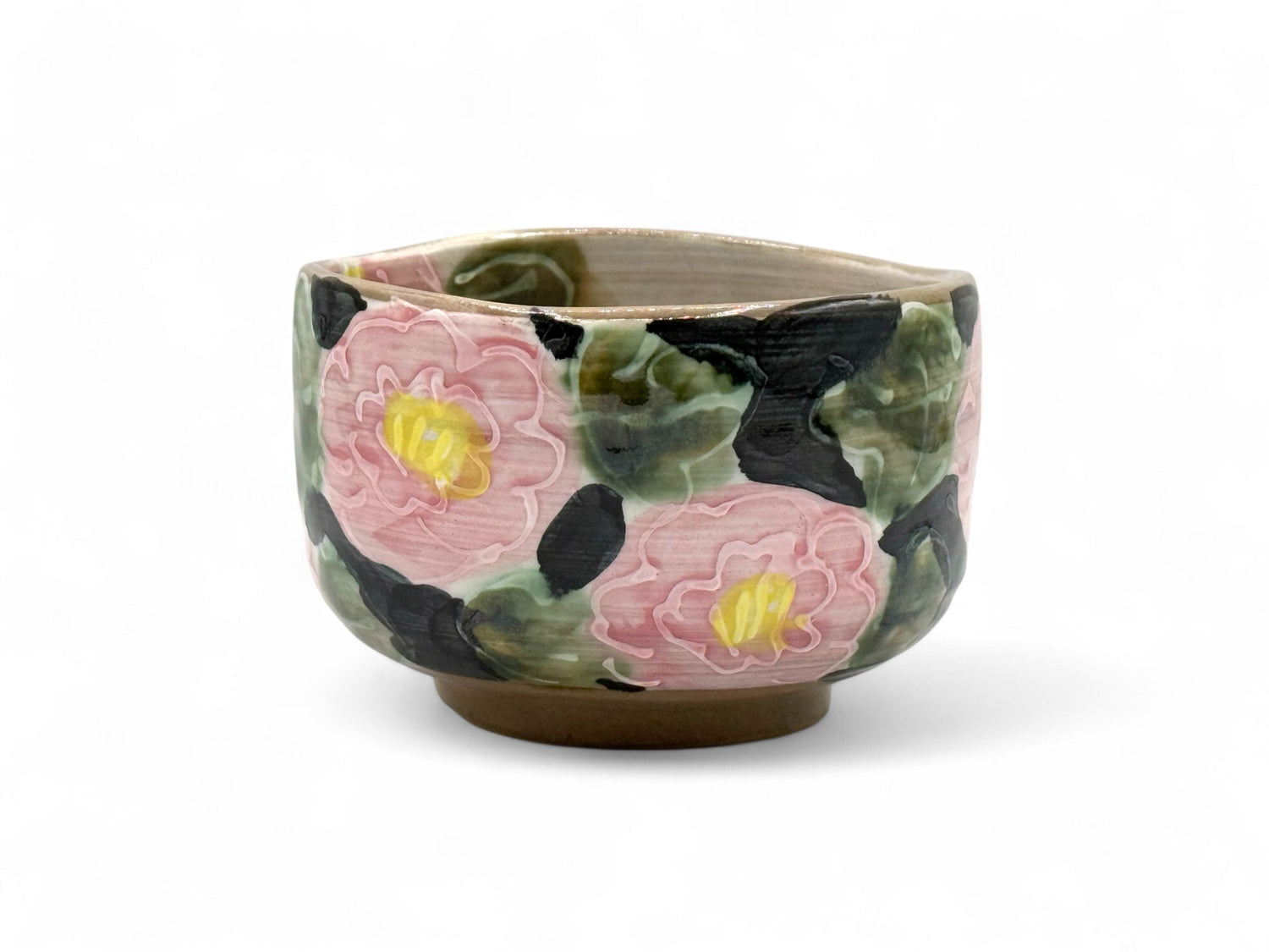 Red Peony Garden Mino-yaki Chawan - Japanese Matcha Bowl