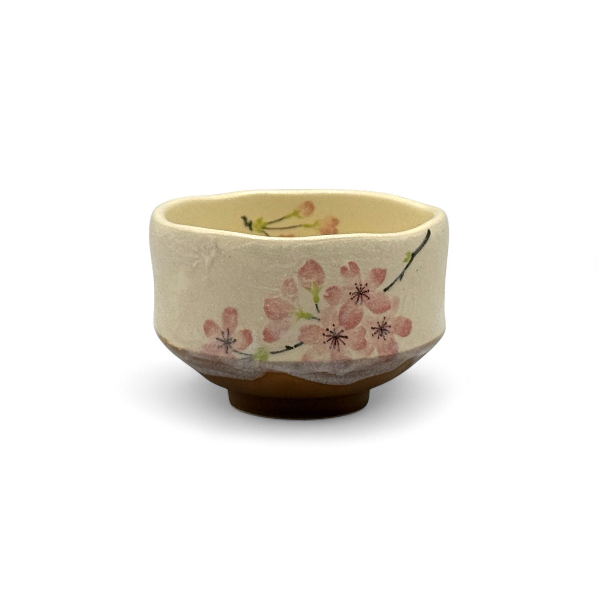 Yamazakura Cherry Blossom Beige Mino-yaki Chawan - Japanese Mini Matcha Bowl