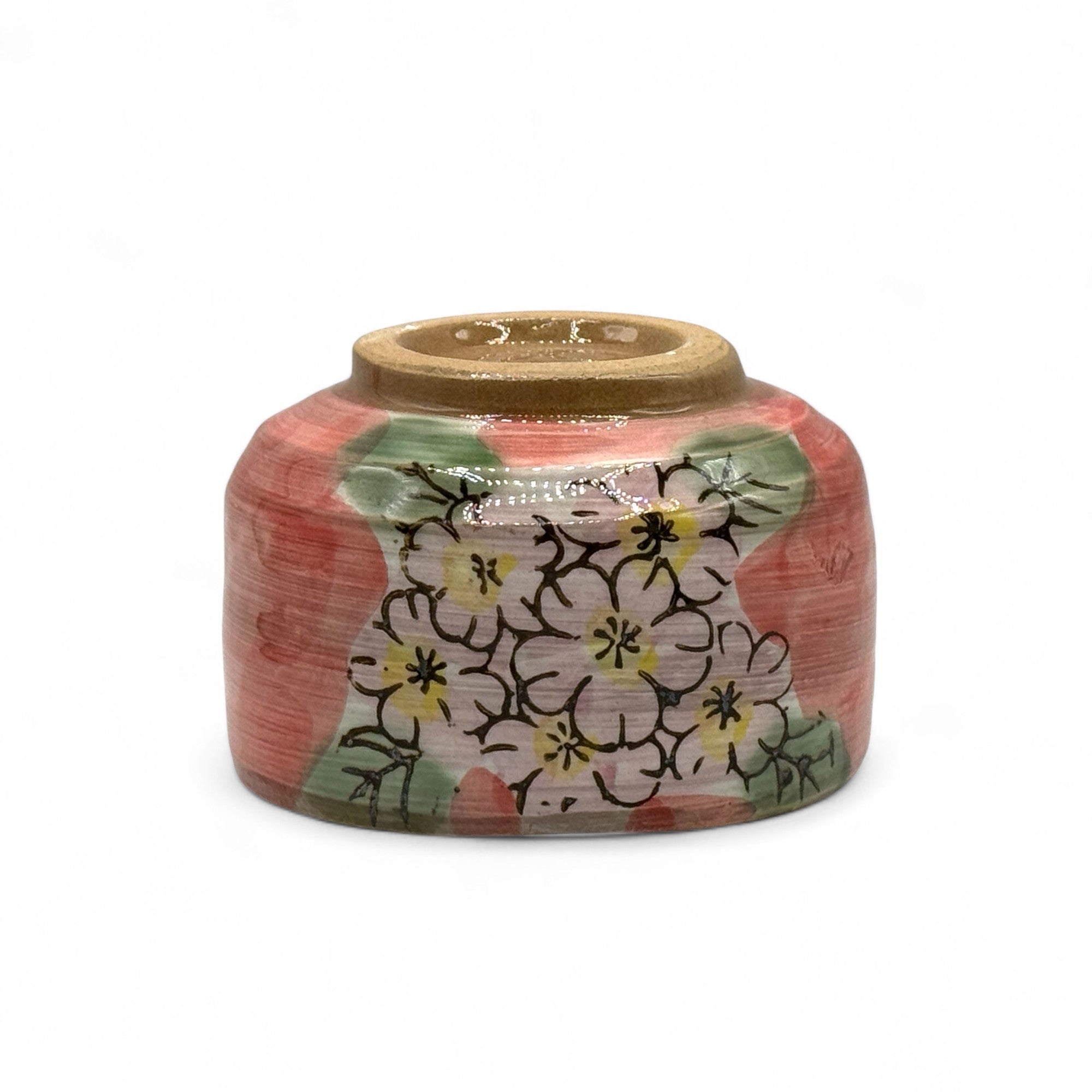 Patterned Cherry Red Blossom Mino-yaki Chawan - Japanese Matcha Bowl