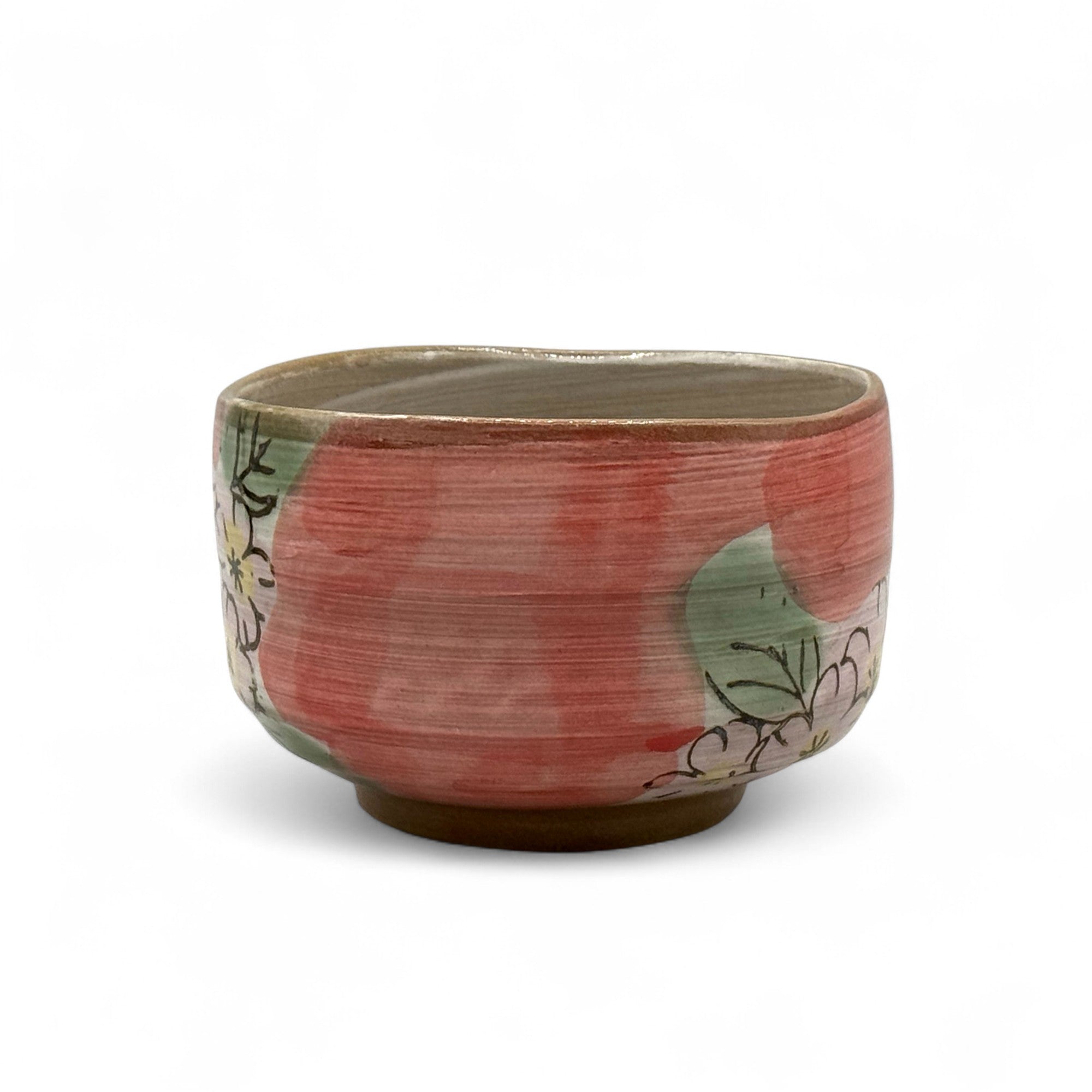 Patterned Cherry Red Blossom Mino-yaki Chawan - Japanese Matcha Bowl