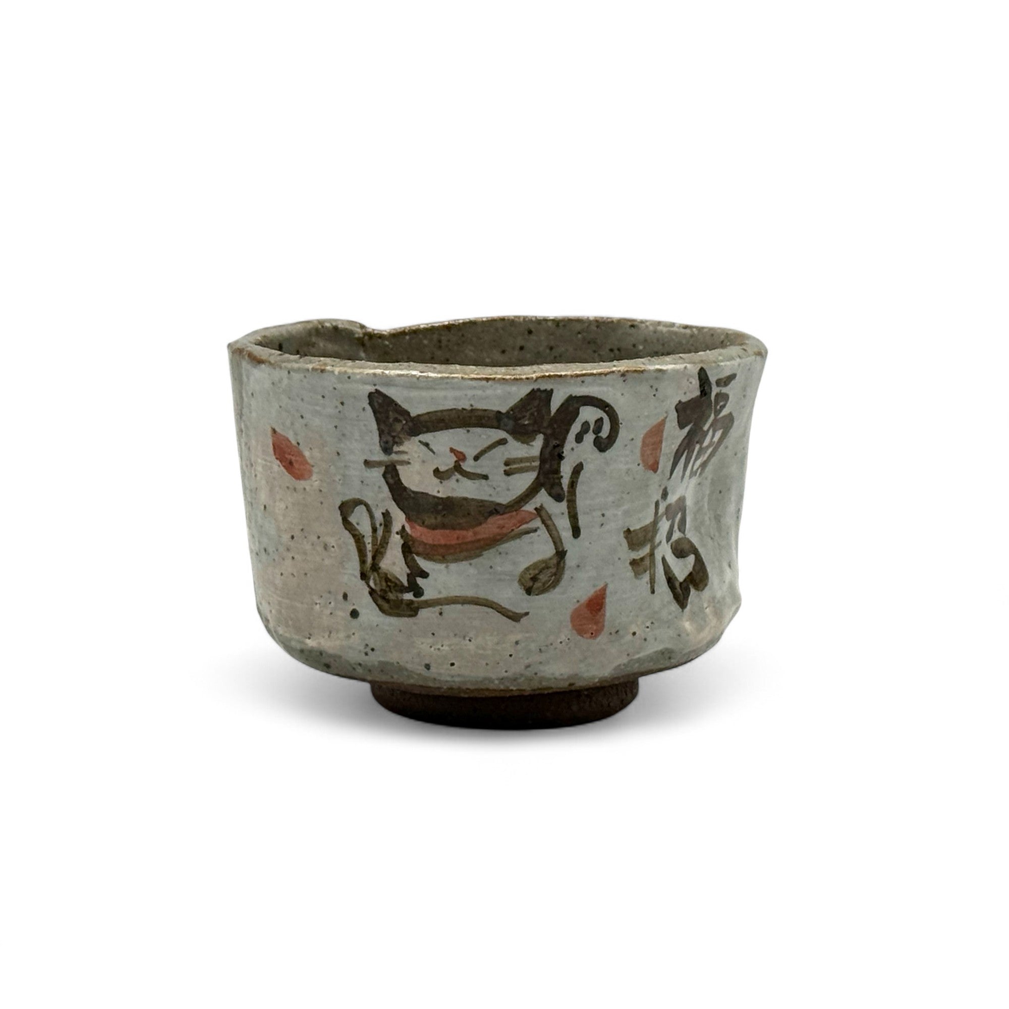 Maneki Neko Tedzukuri Gray Mino-yaki Chawan - Japanese Mini Matcha Bowl
