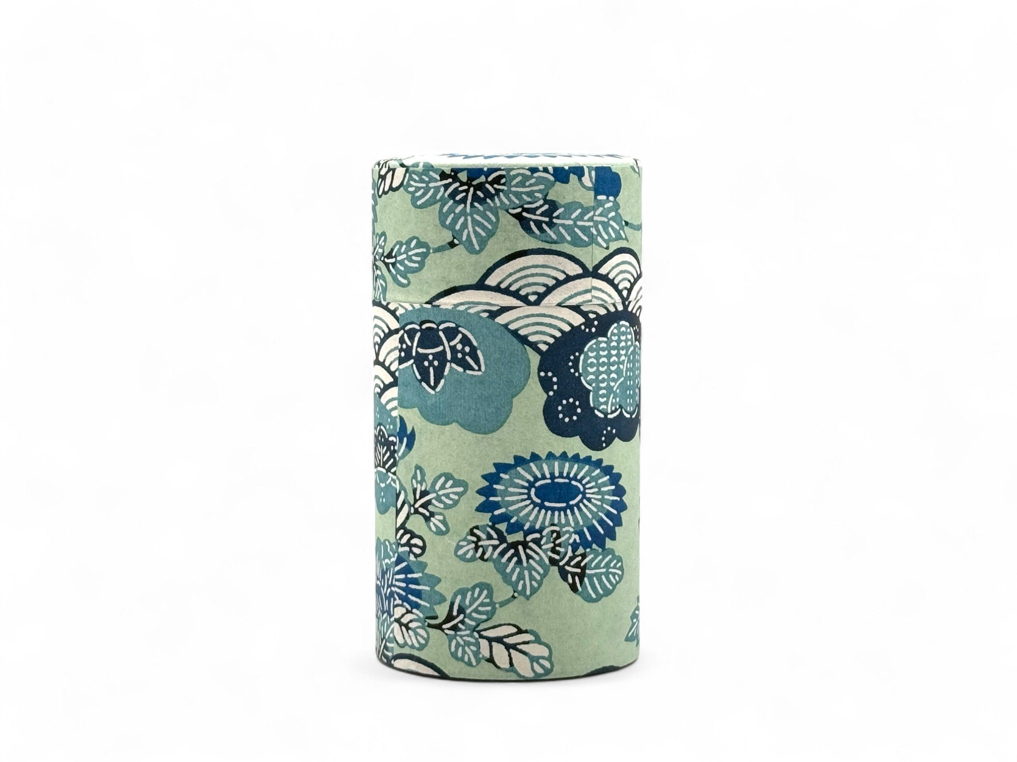 Shiki Seikaiha Blue Washi Paper Wrapped Tea Canister (L) - Japanese Chazutsu