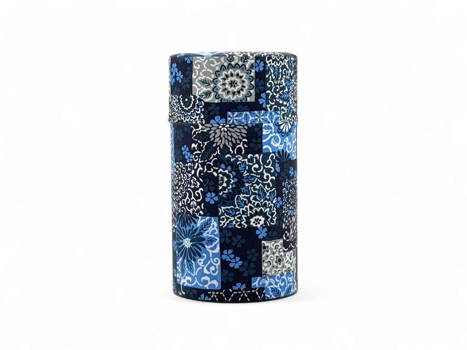 Indigo Hana Pattern Blue Washi Paper Wrapped Tea Canister (L) - Japanese Chazutsu
