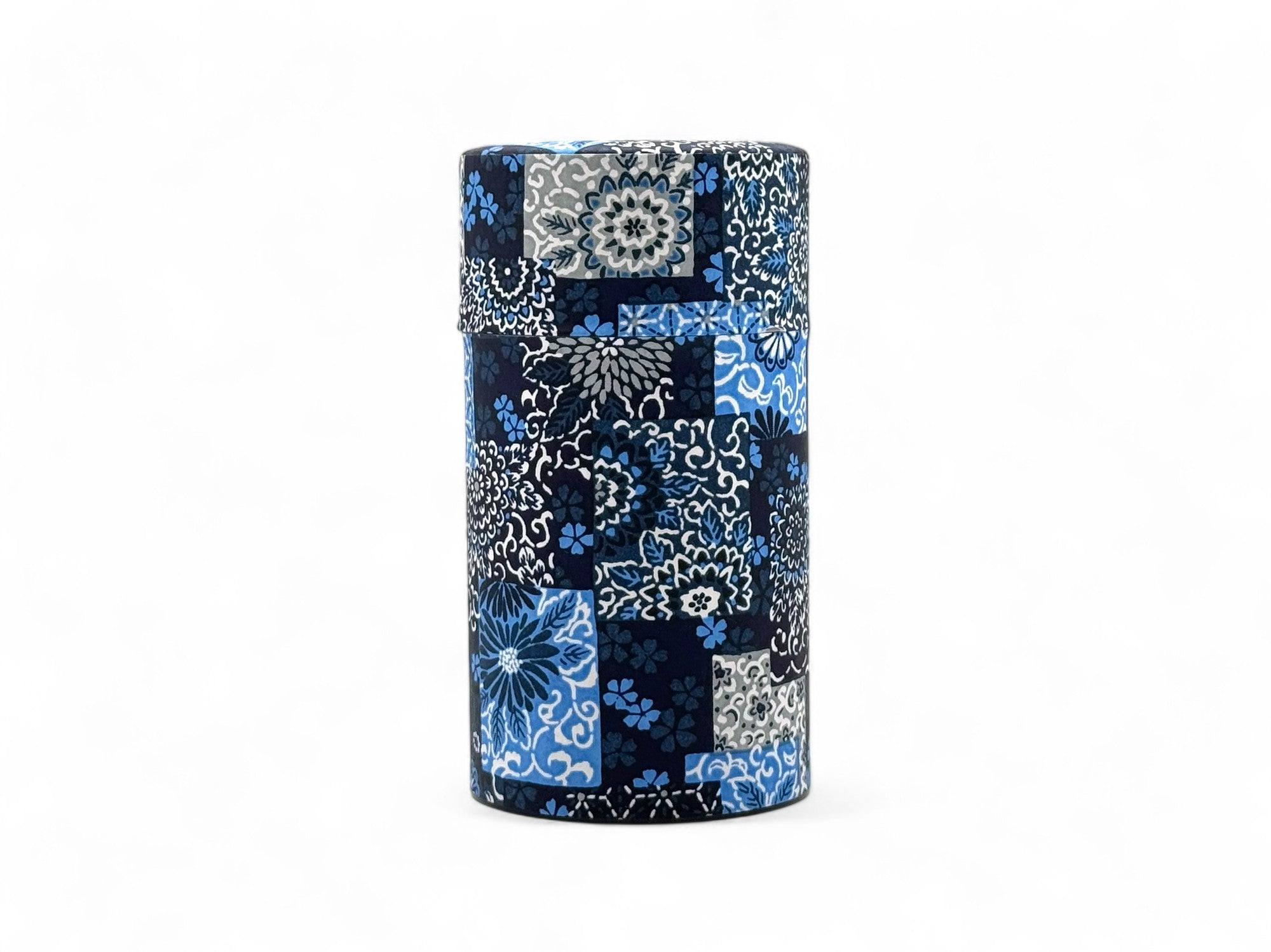 Indigo Hana Pattern Blue Washi Paper Wrapped Tea Canister (L) - Japanese Chazutsu