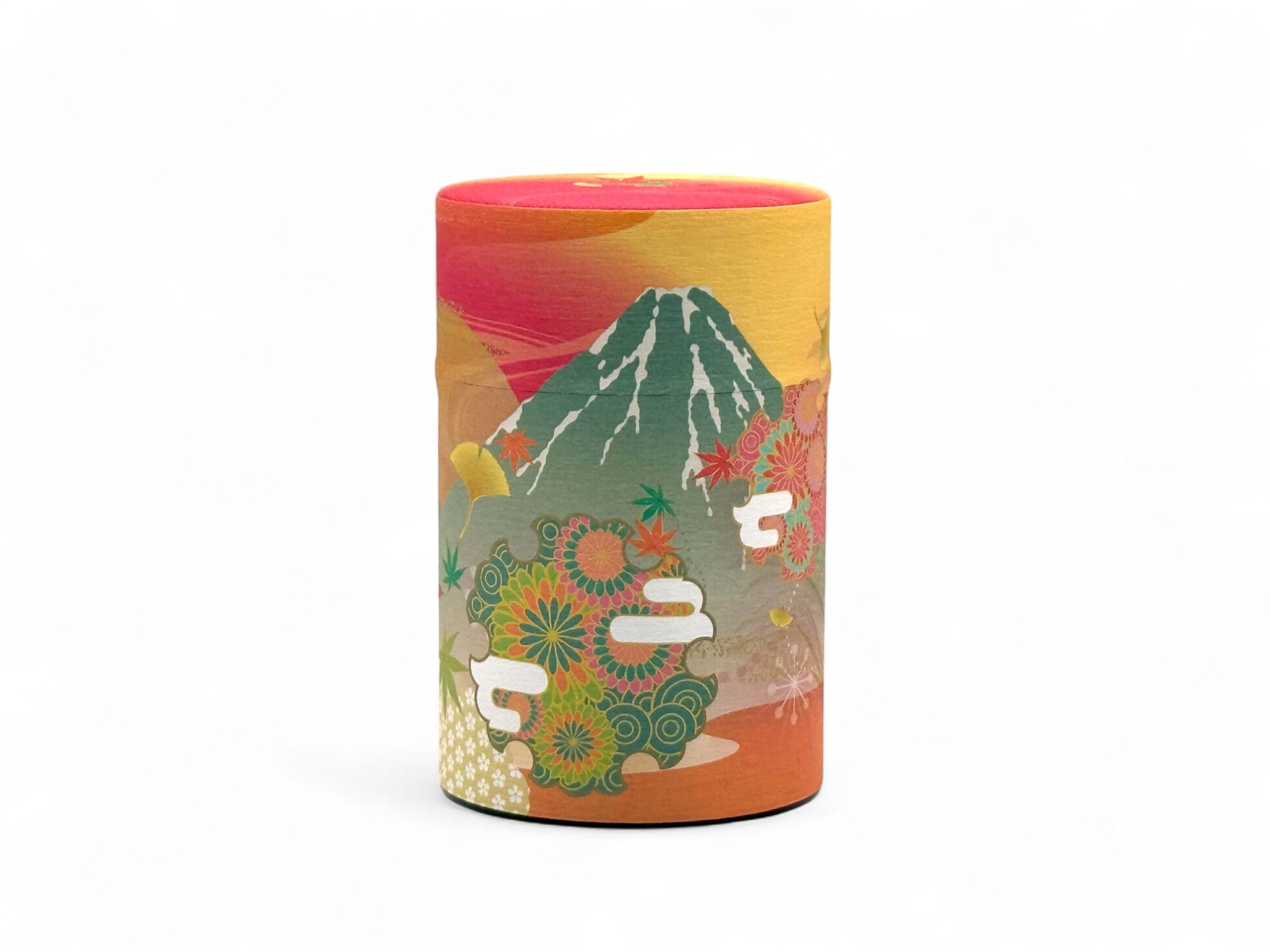 Shizukan Momiji Orange Mt. Fuji Series Washi Paper Wrapped Tea Canister (S) - Japanese Chazutsu