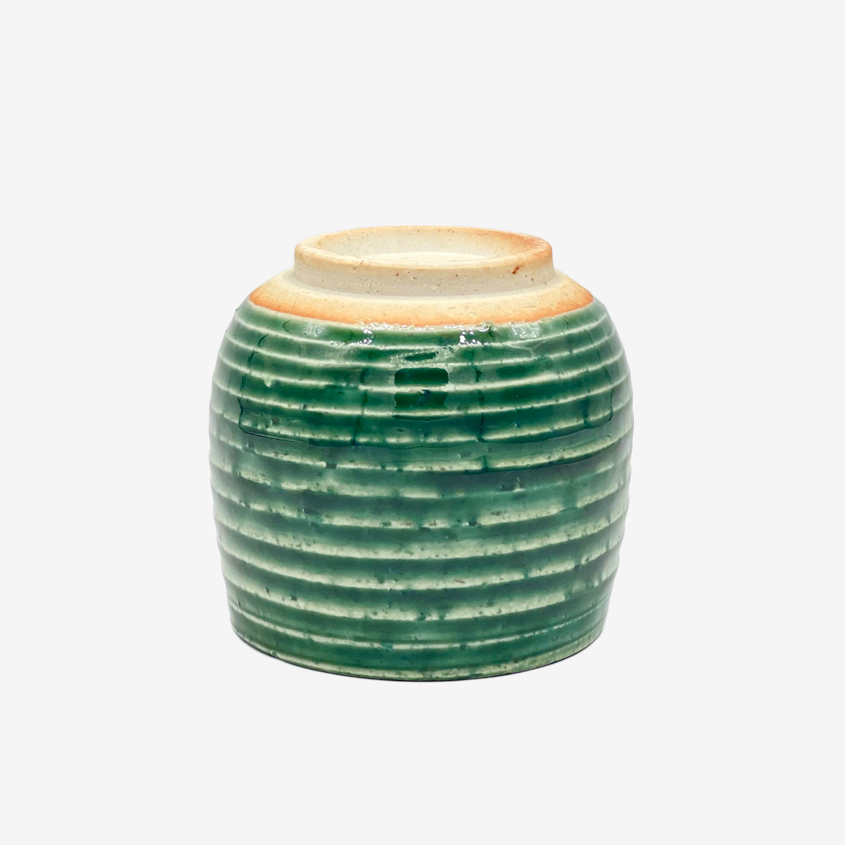 Oribe Stripe Green Yunomi - Japanese Teacup Teaware Inoue Tea