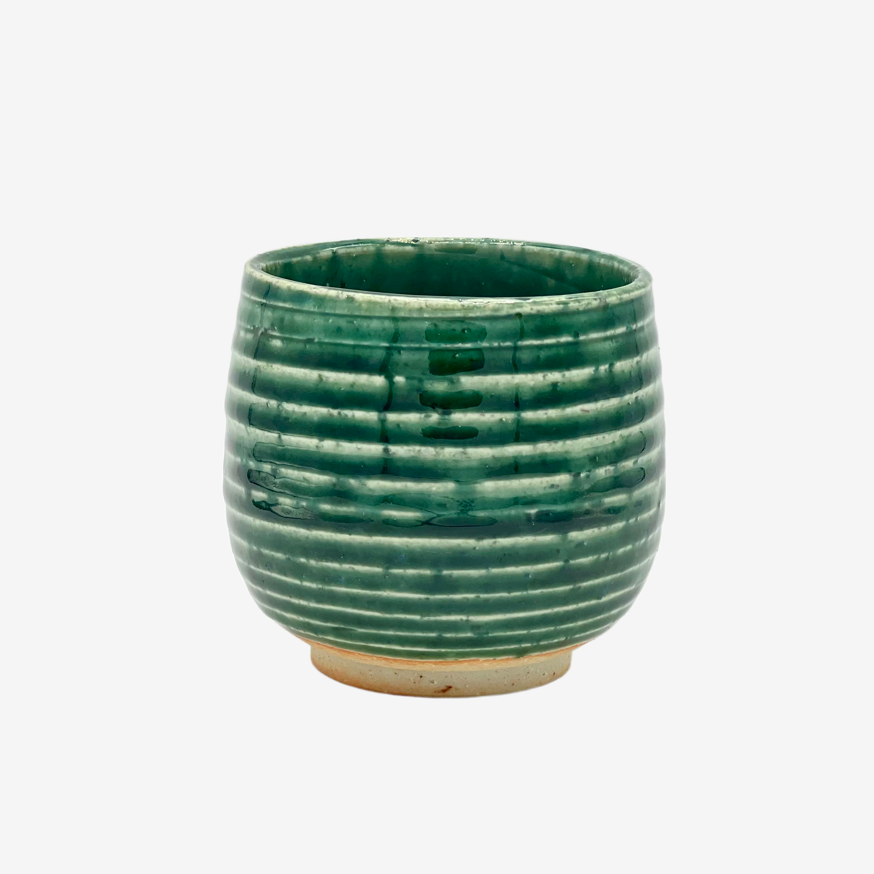 Oribe Stripe Green Yunomi - Japanese Teacup Teaware Inoue Tea