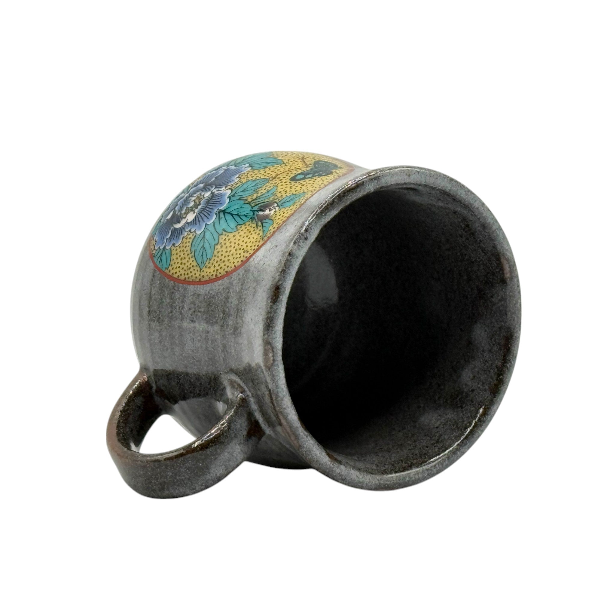 Yoshitaya Botan Gray Kutani-yaki Mug- Japanese Tea Mug