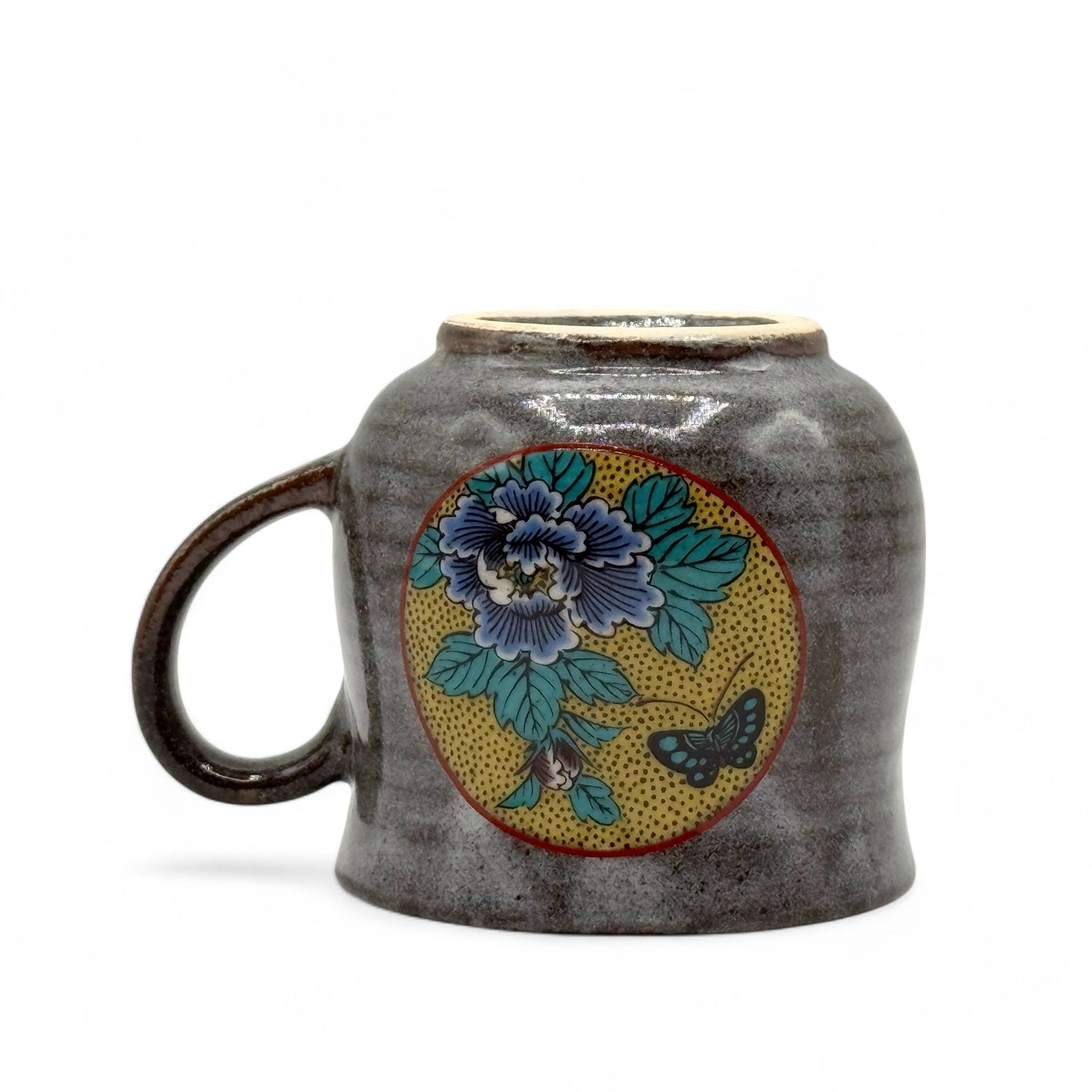 Yoshitaya Botan Gray Kutani-yaki Mug- Japanese Tea Mug