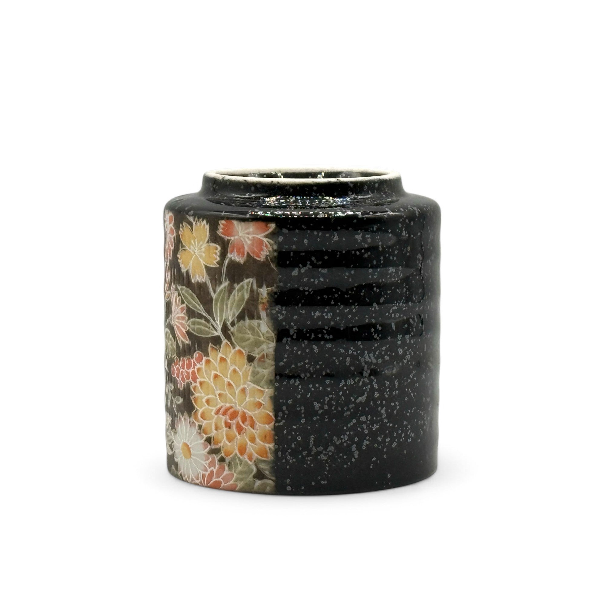 Yuzen Hana Flower Black Mino-yaki Wide Yunomi - Japanese Teacup