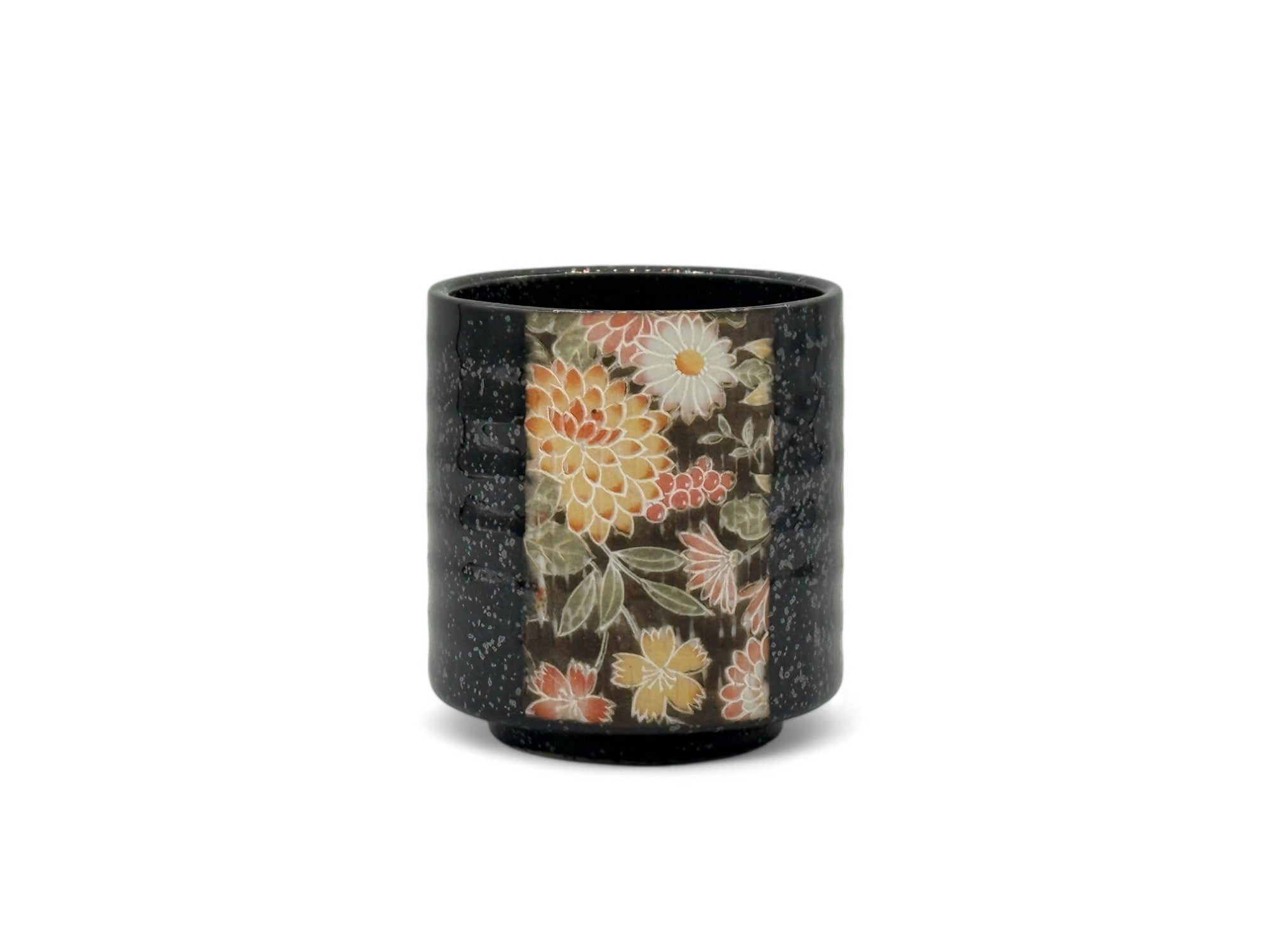Yuzen Hana Flower Black Mino-yaki Wide Yunomi - Japanese Teacup