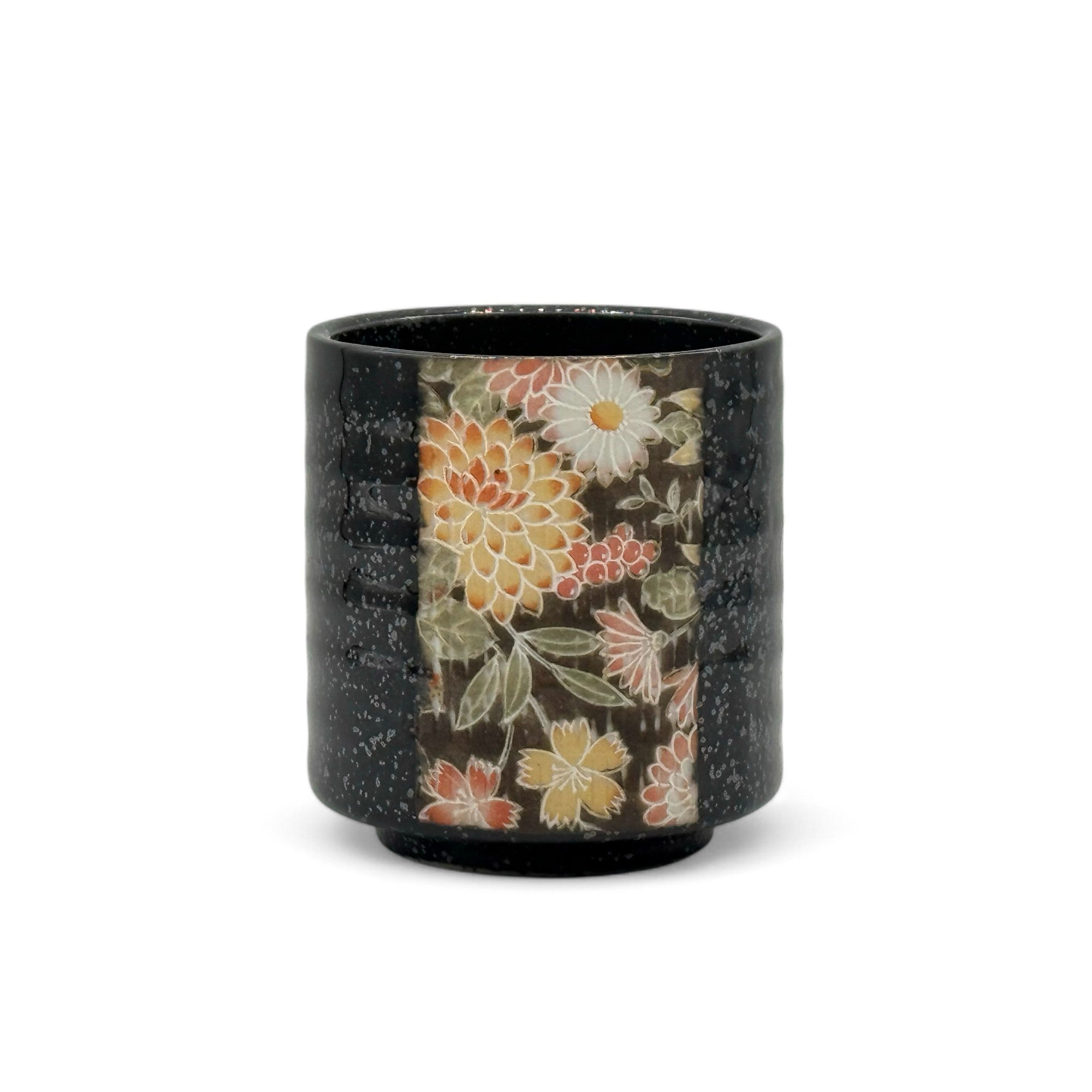 Yuzen Hana Flower Black Mino-yaki Wide Yunomi - Japanese Teacup