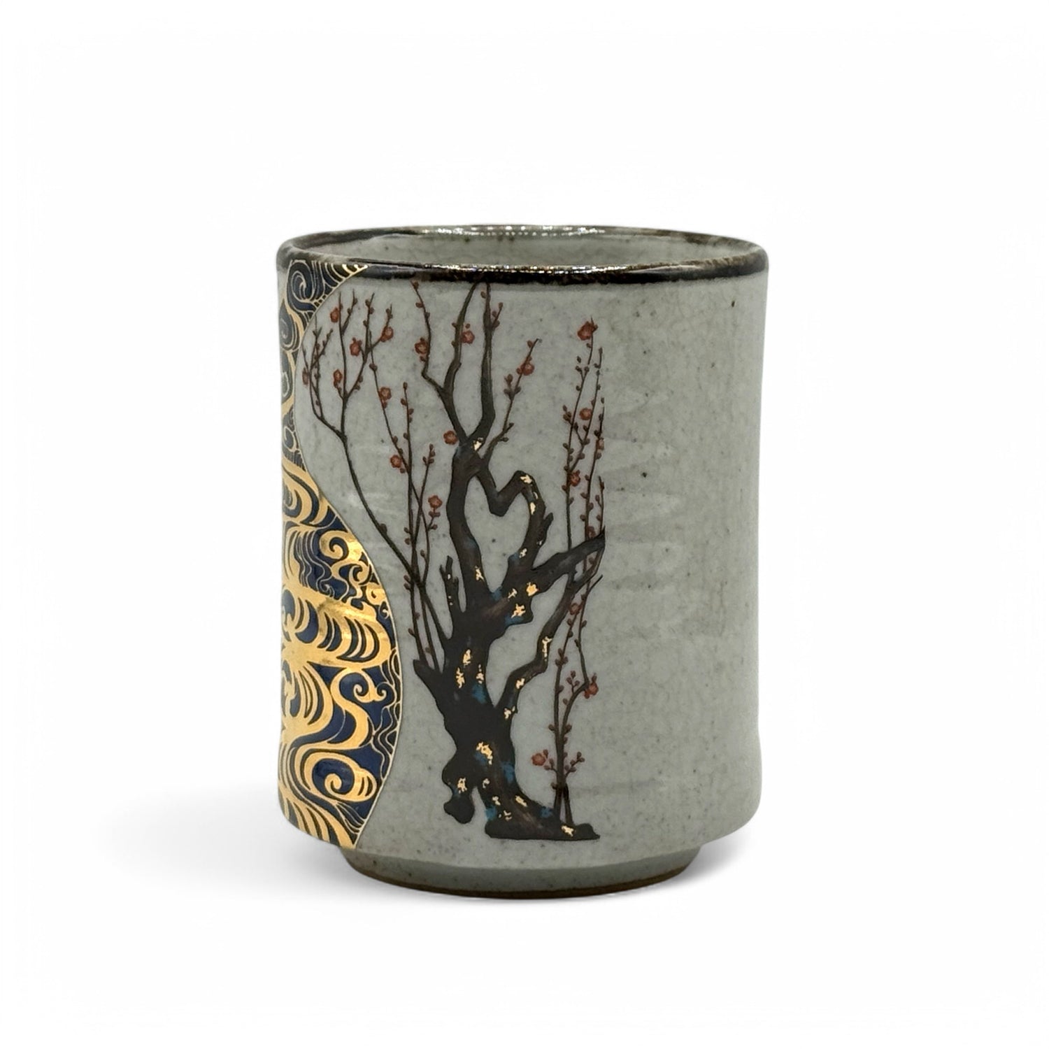 Ume Michi Gold Gray Kutani-yaki Yunomi - Japanese Teacup