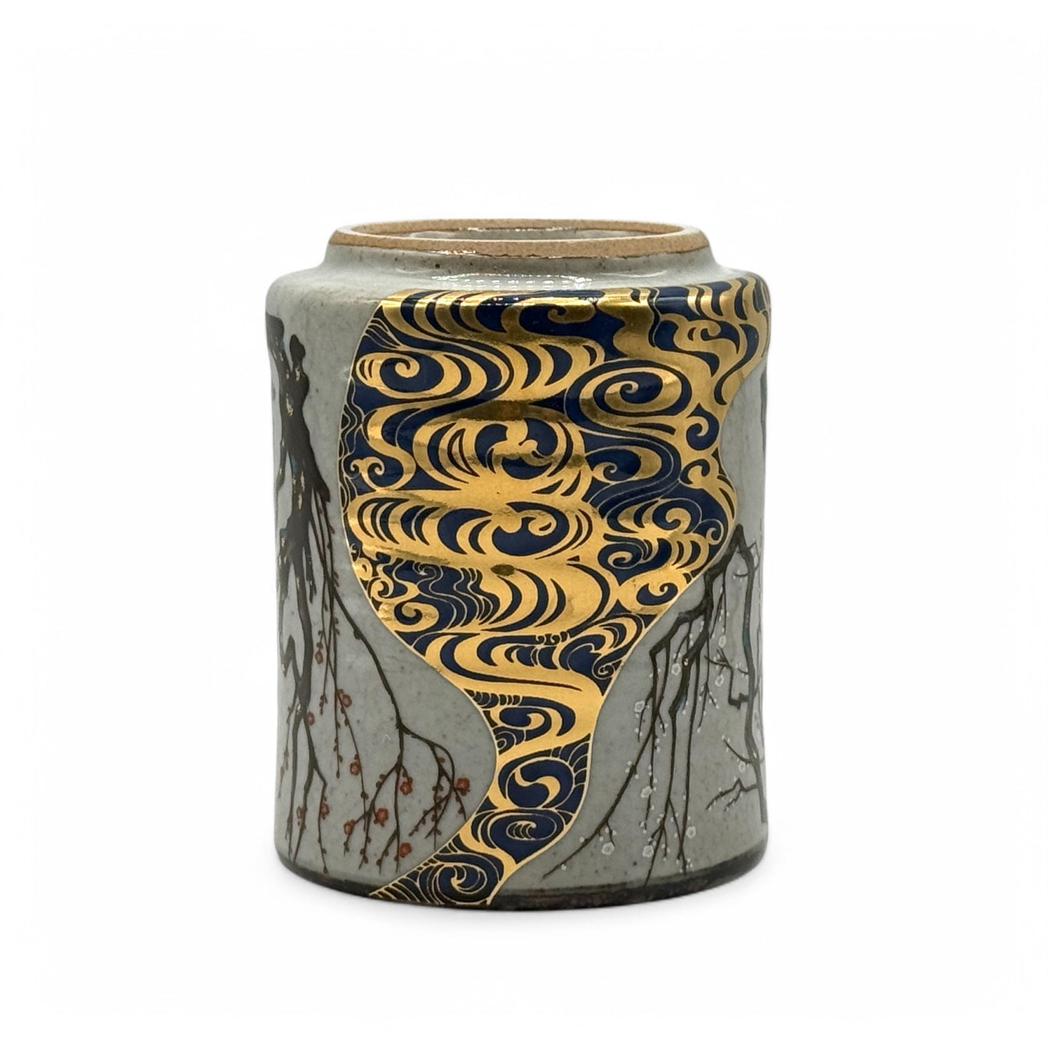 Ume Michi Gold Gray Kutani-yaki Yunomi - Japanese Teacup