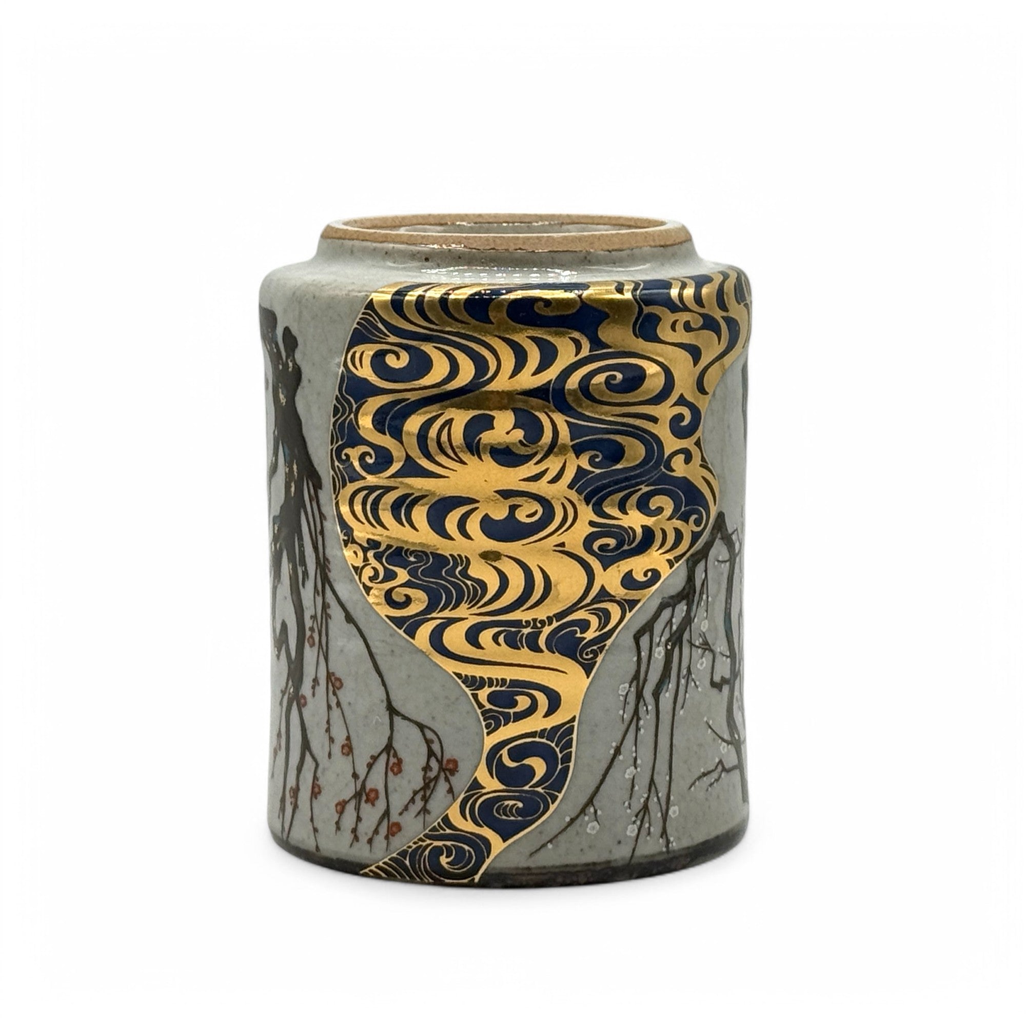 Ume Michi Gold Gray Kutani-yaki Yunomi - Japanese Teacup