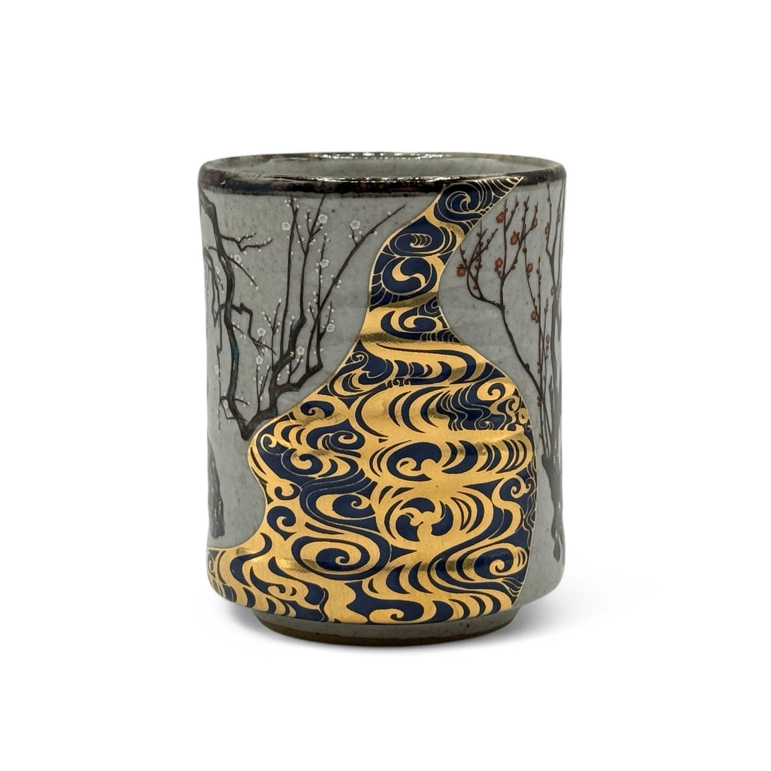 Ume Michi Gold Gray Kutani-yaki Yunomi - Japanese Teacup