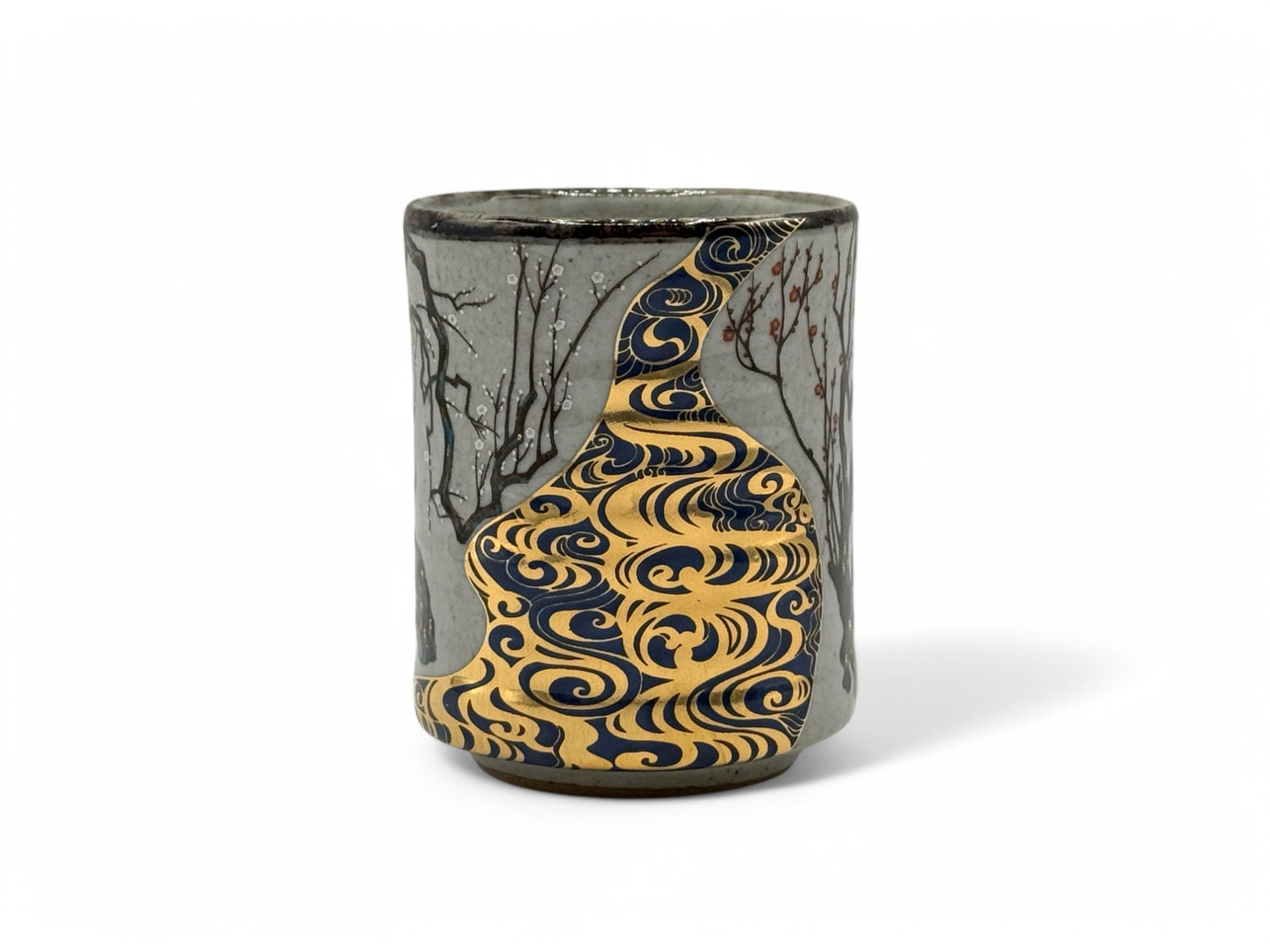 Ume Michi Gold Gray Kutani-yaki Yunomi - Japanese Teacup