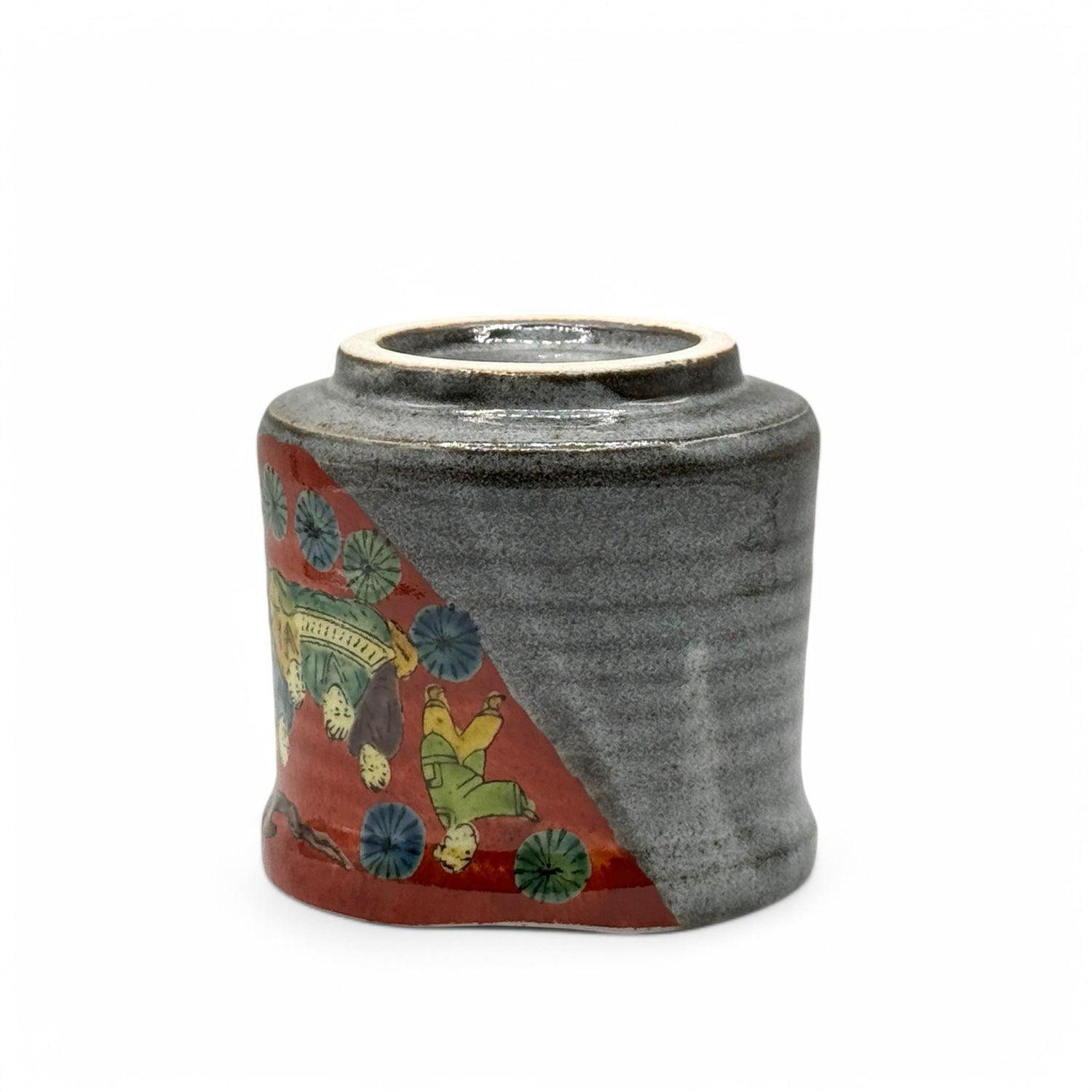 Ki Kome Red Gray Kutani-yaki Yunomi - Japanese Teacup