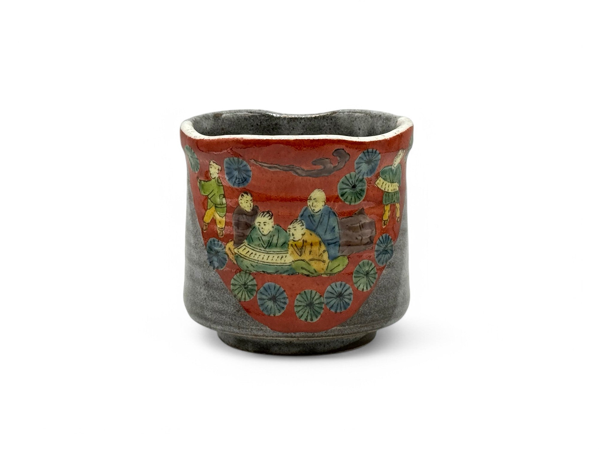 Ki Kome Red Gray Kutani-yaki Yunomi - Japanese Teacup