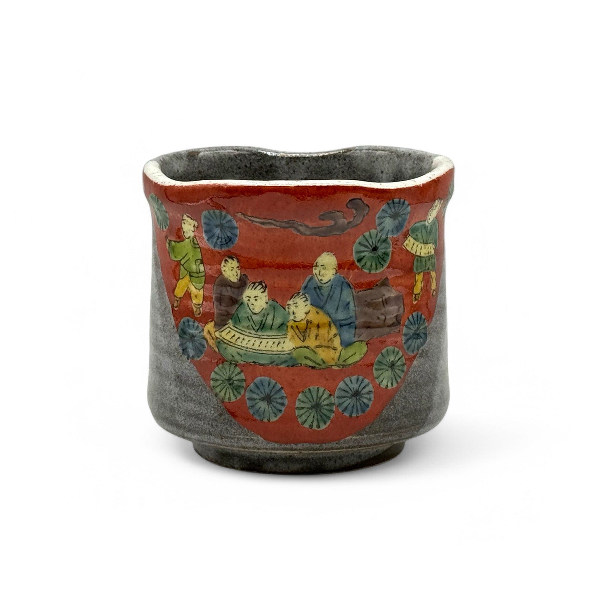 Ki Kome Red Gray Kutani-yaki Yunomi - Japanese Teacup