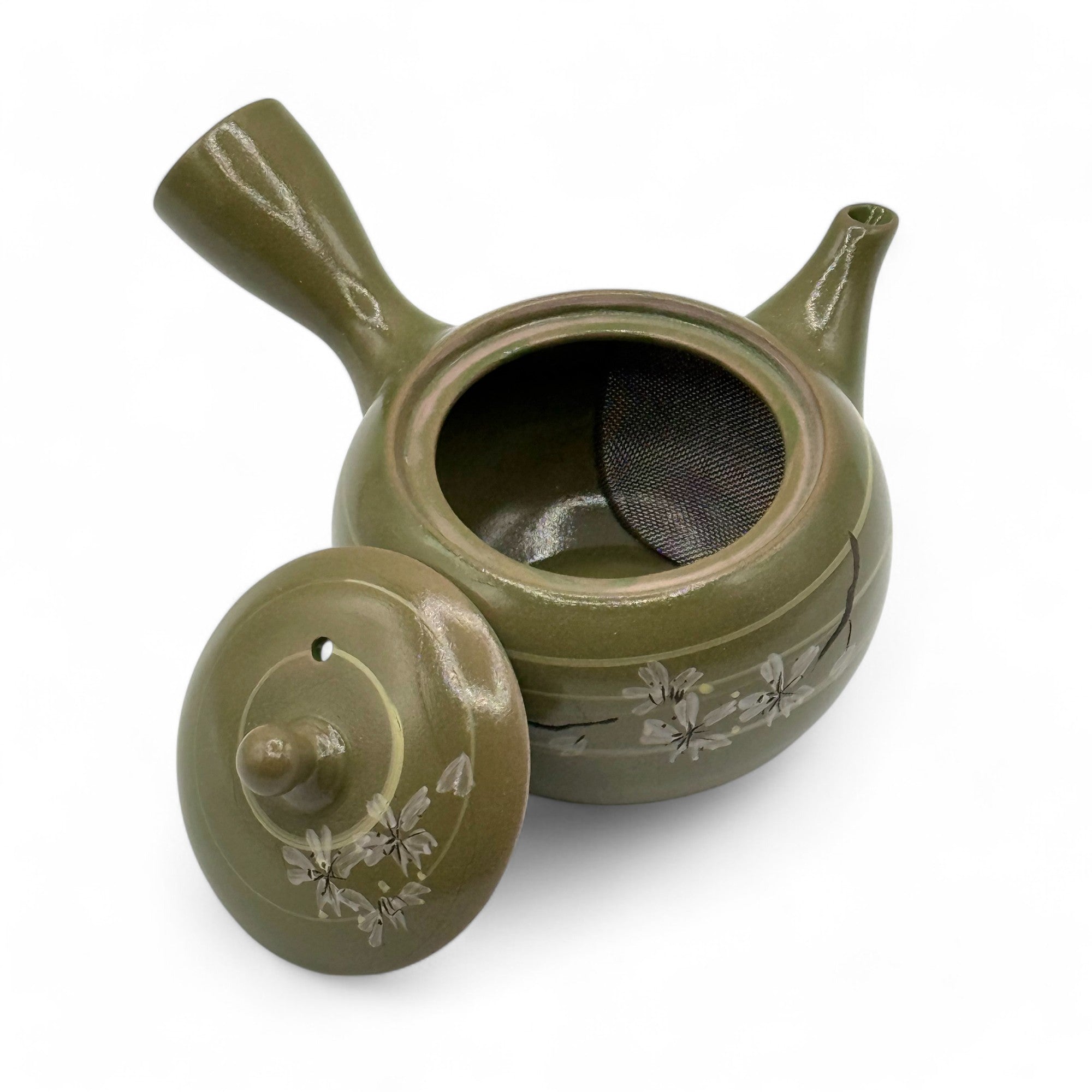 Rasen Sakura Cherry Green Tokoname-yaki Kyusu - Japanese Teapot