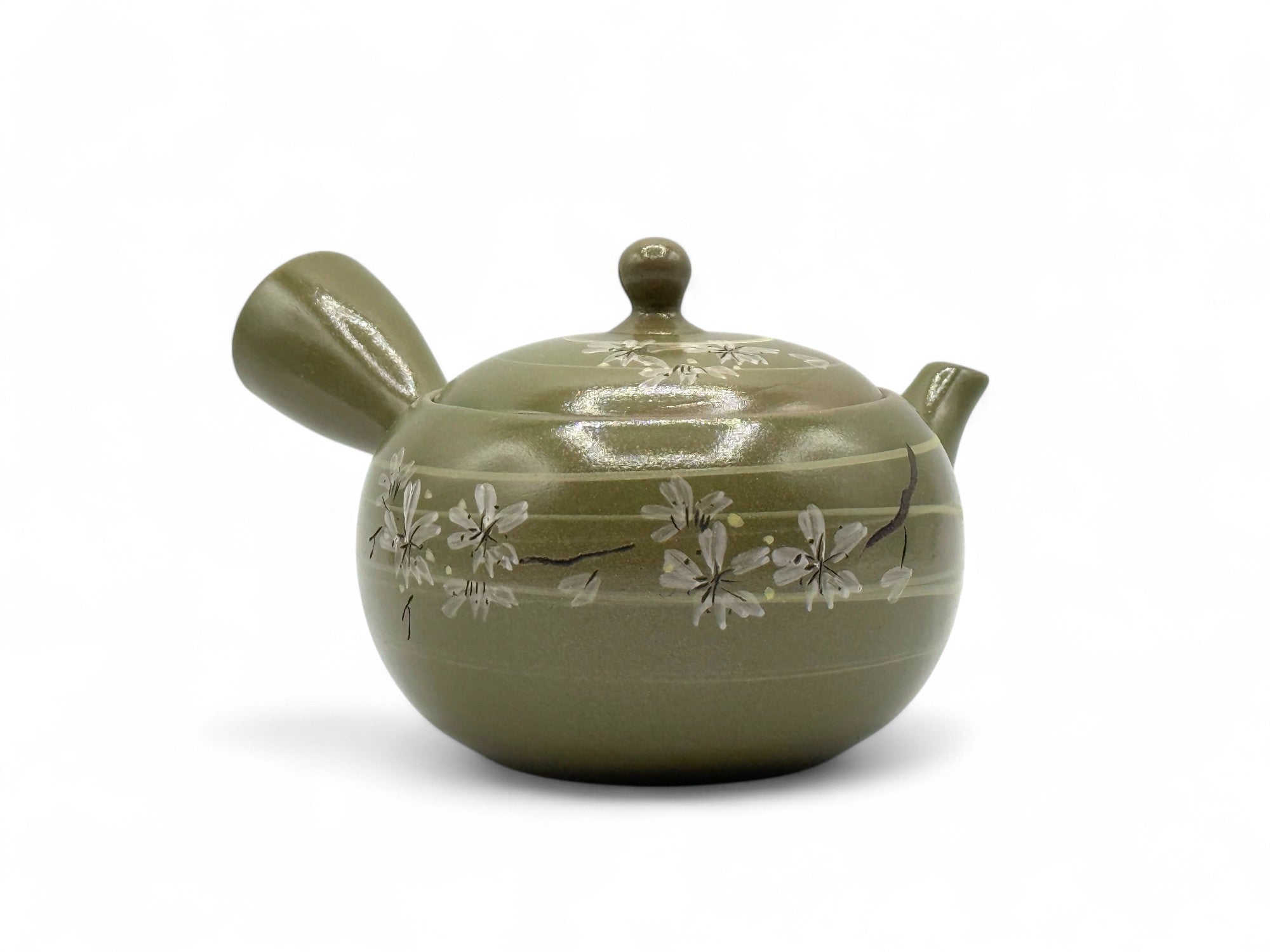 Rasen Sakura Cherry Green Tokoname-yaki Kyusu - Japanese Teapot