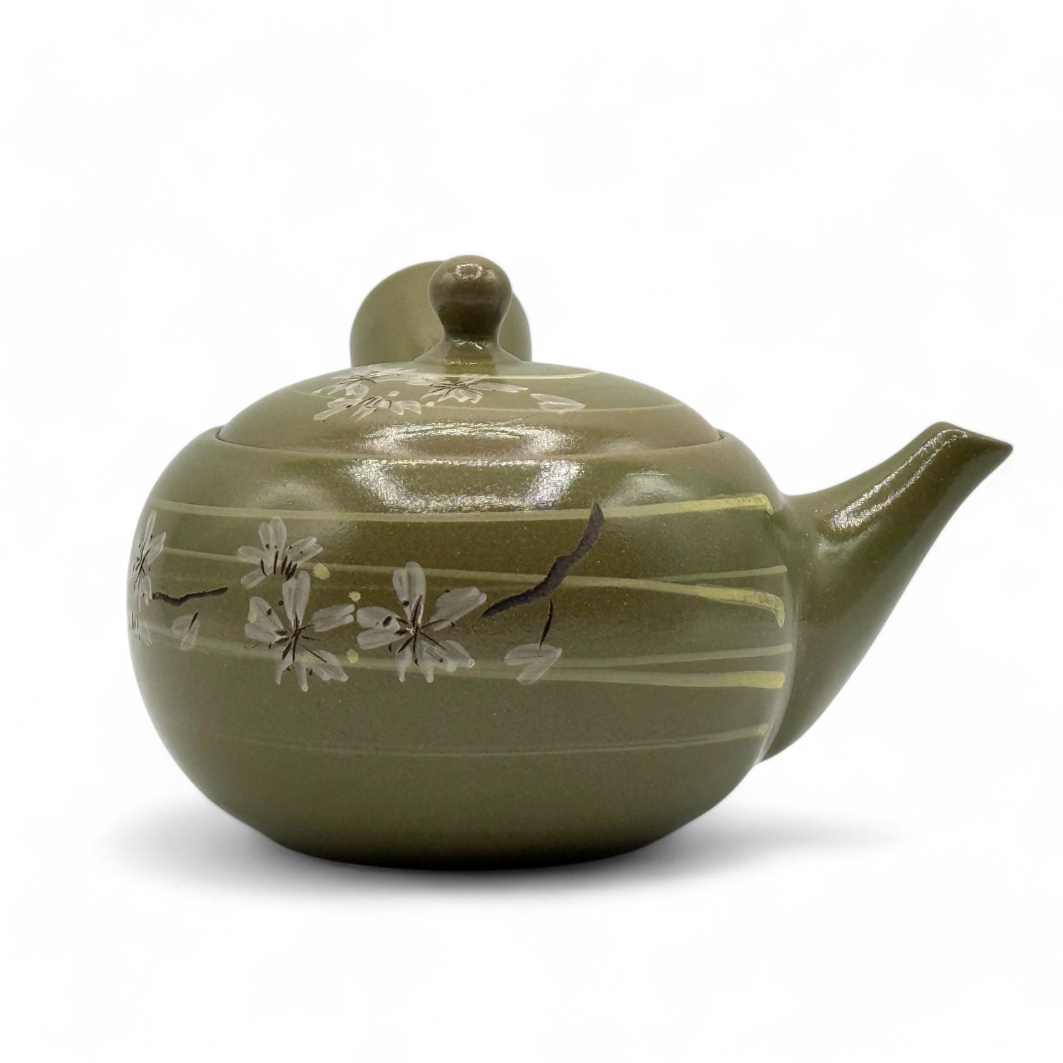 Rasen Sakura Cherry Green Tokoname-yaki Kyusu - Japanese Teapot