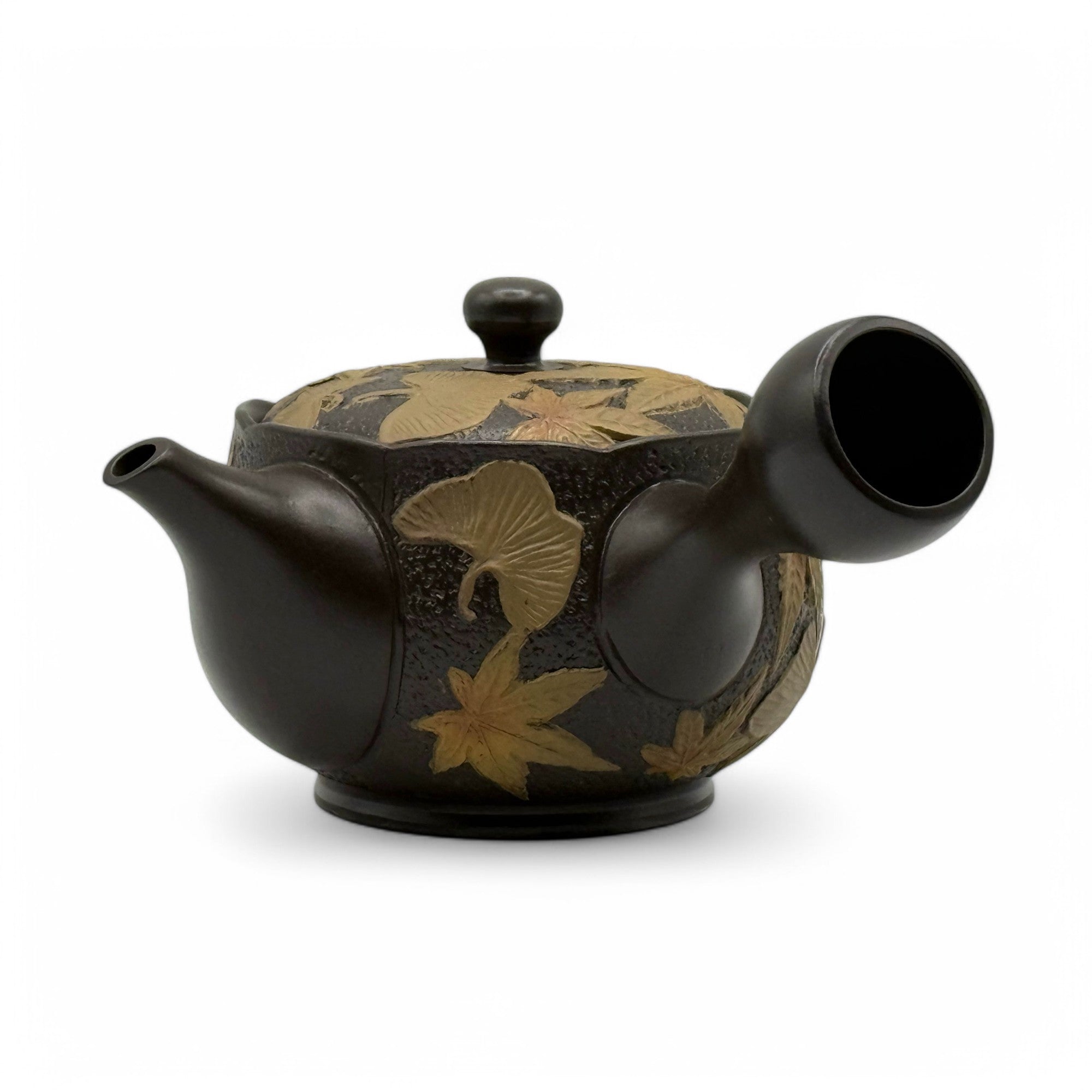 Maple Gingko Leaves Black Tokoname-yaki Kyusu by Chikushun - Japanese Teapot