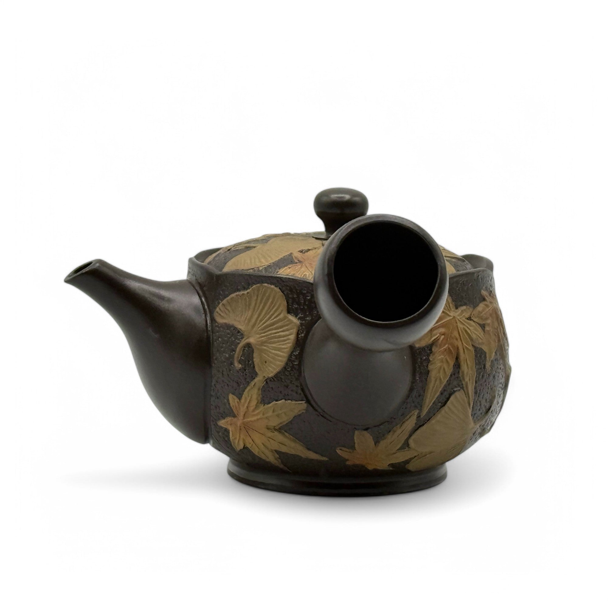 Maple Gingko Leaves Black Tokoname-yaki Kyusu by Chikushun - Japanese Teapot