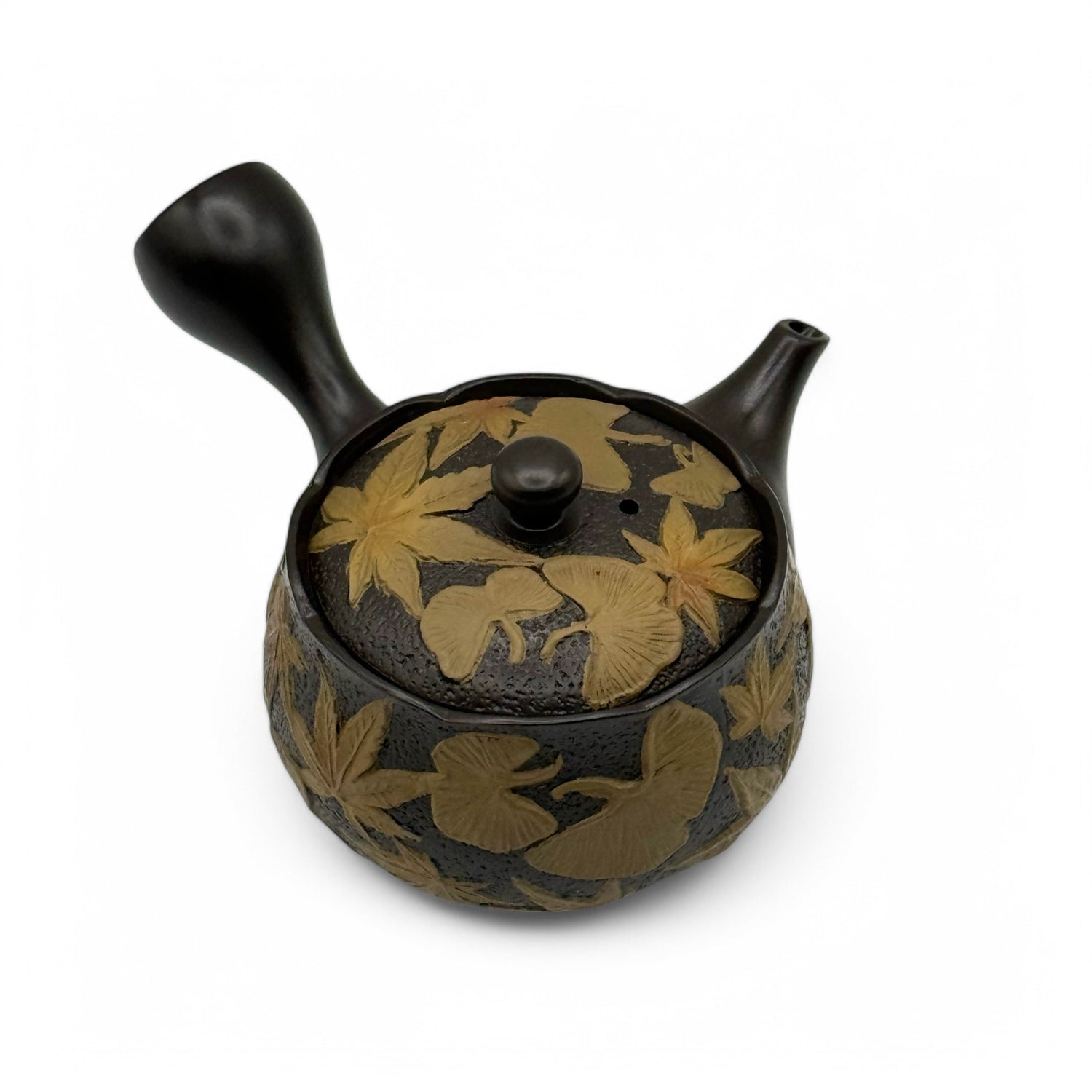 Maple Gingko Leaves Black Tokoname-yaki Kyusu by Chikushun - Japanese Teapot