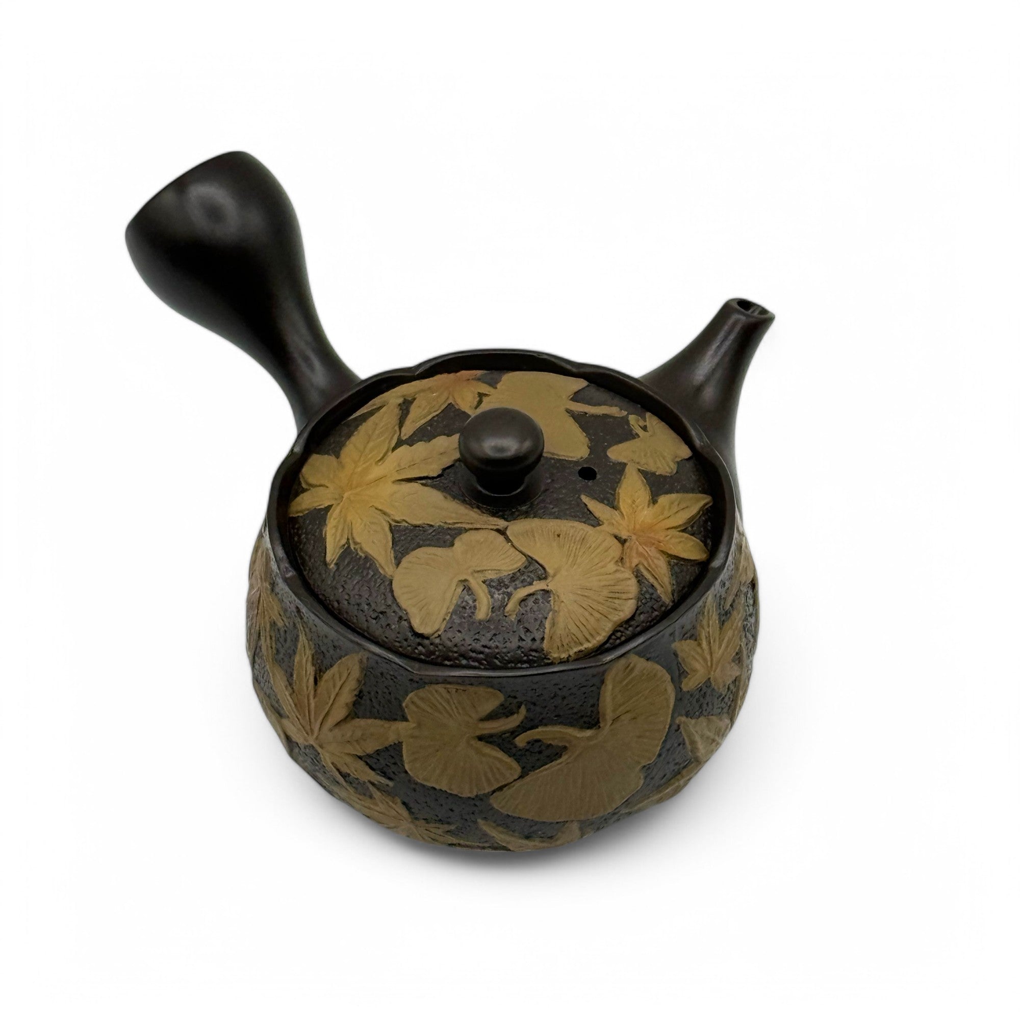 Maple Gingko Leaves Black Tokoname-yaki Kyusu by Chikushun - Japanese Teapot