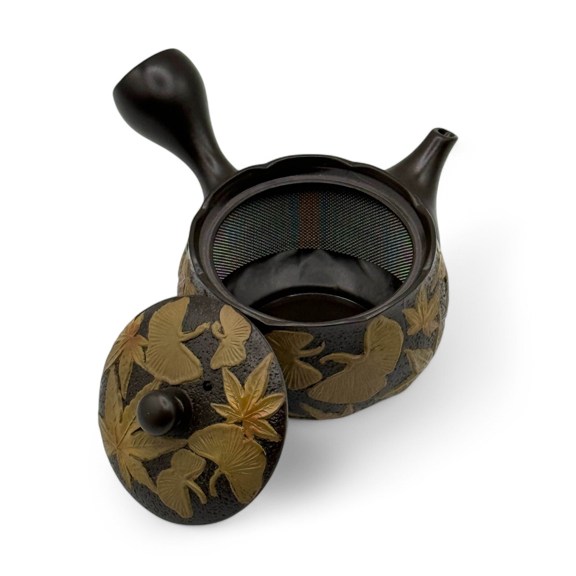 Maple Gingko Leaves Black Tokoname-yaki Kyusu by Chikushun - Japanese Teapot
