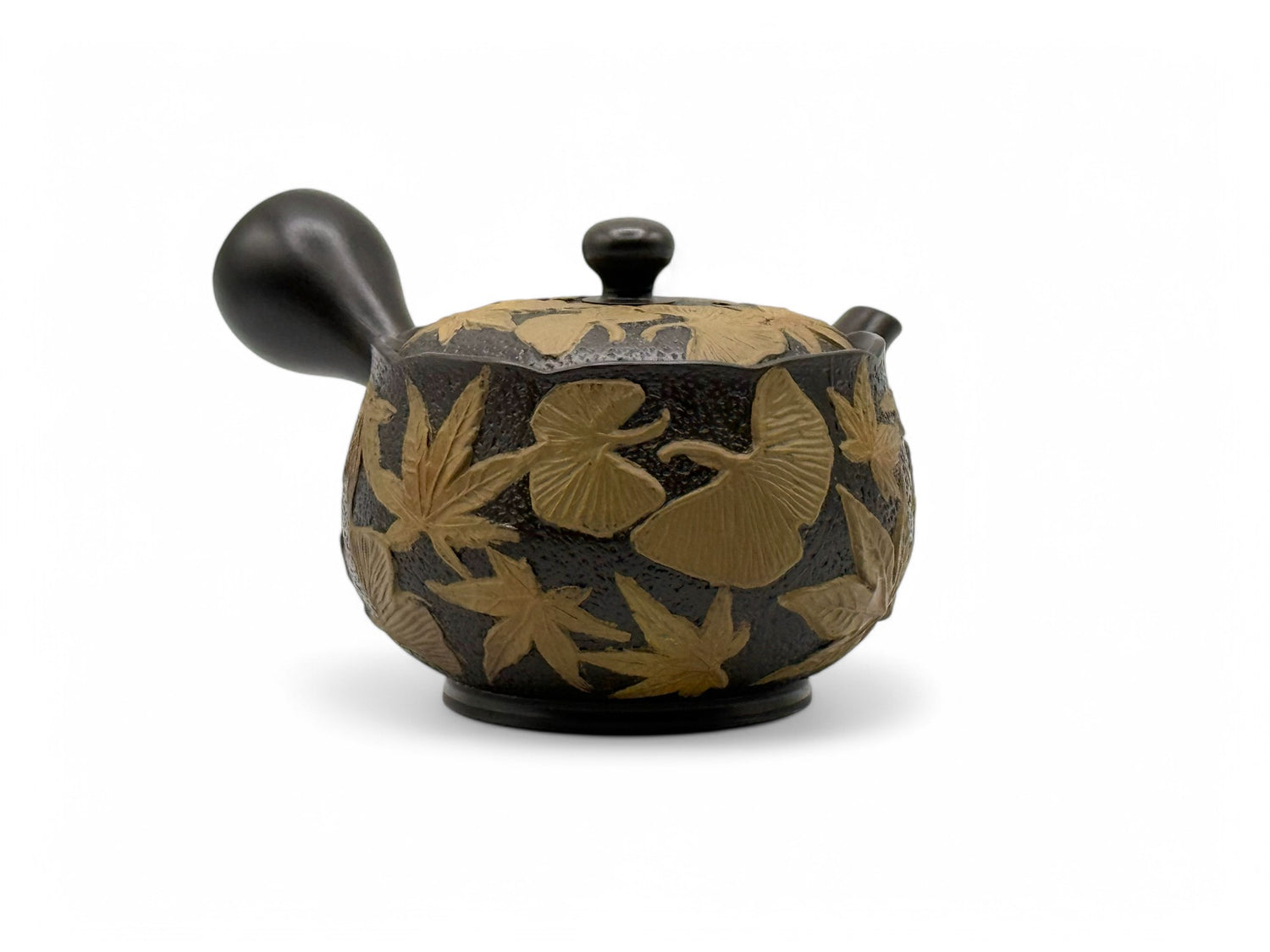 Maple Gingko Leaves Black Tokoname-yaki Kyusu by Chikushun - Japanese Teapot