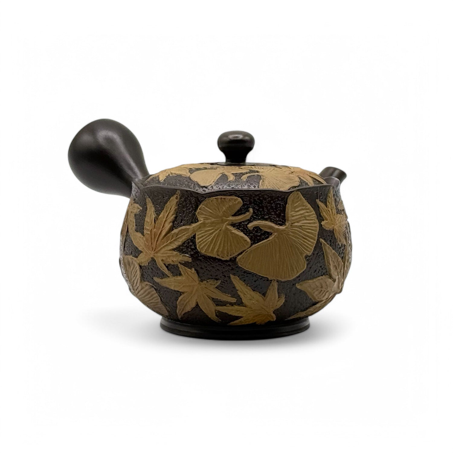 Maple Gingko Leaves Black Tokoname-yaki Kyusu by Chikushun - Japanese Teapot