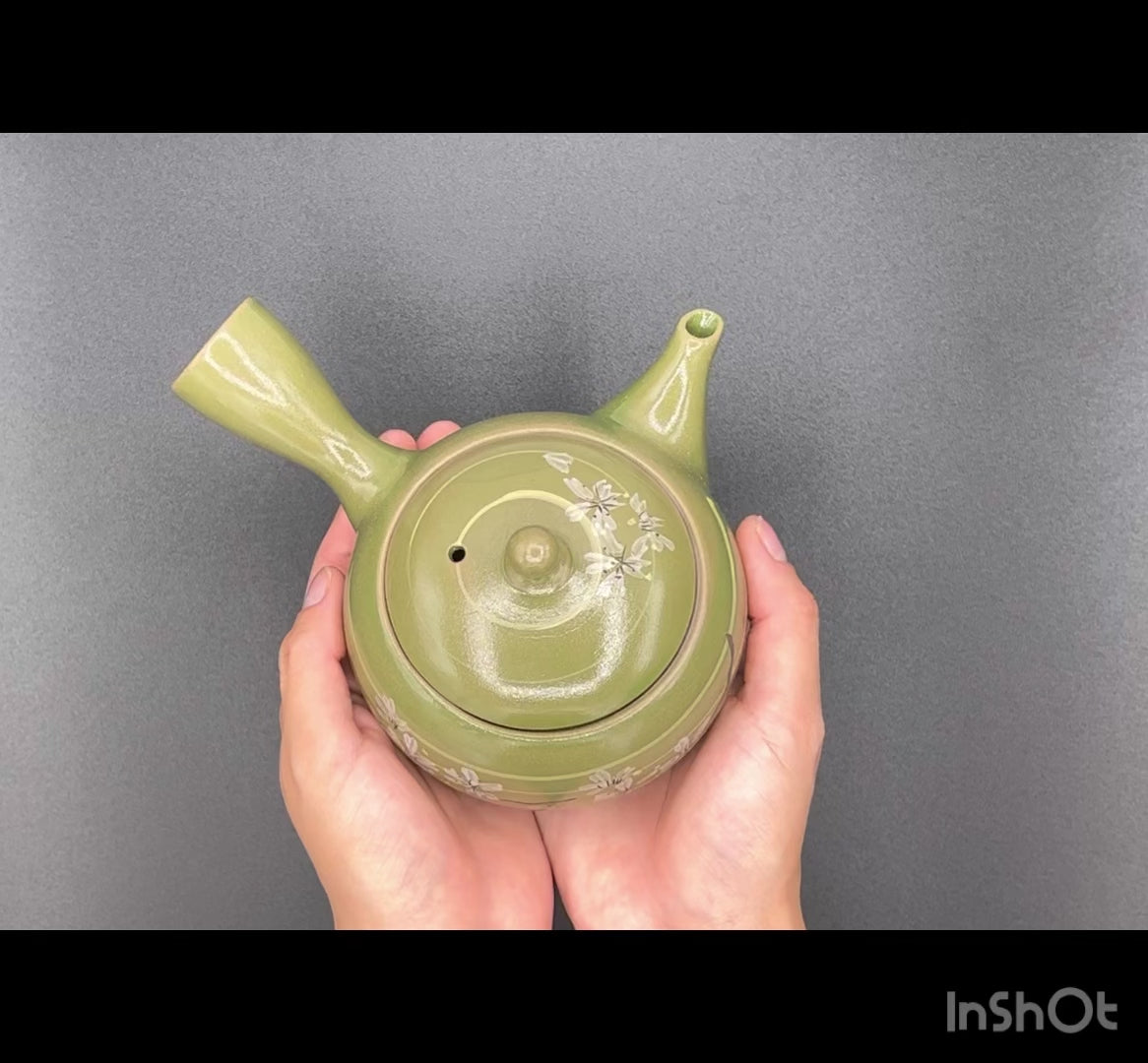 Rasen Sakura Cherry Green Tokoname-yaki Kyusu - Japanese Teapot