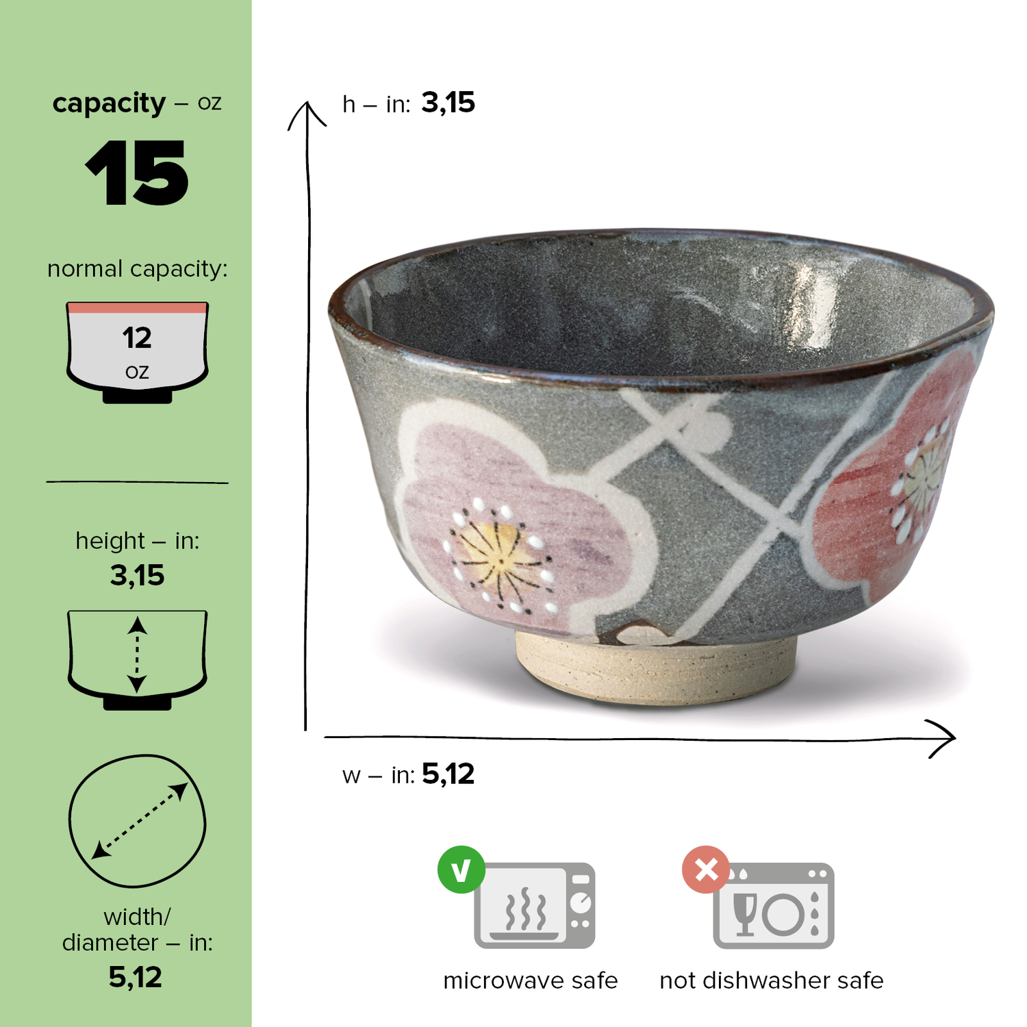 Gray with Flowers Ceramic Matcha Bowl