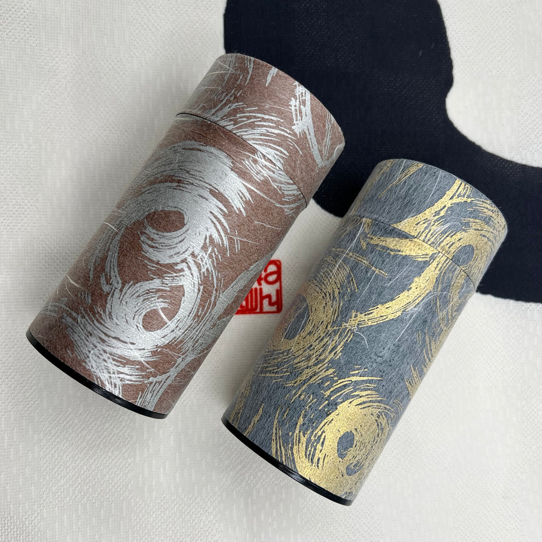 Okumura Seikan Nankyo Gray Gold Washi Paper Wrapped Tea Canister (L) - Japanese Chazutsu